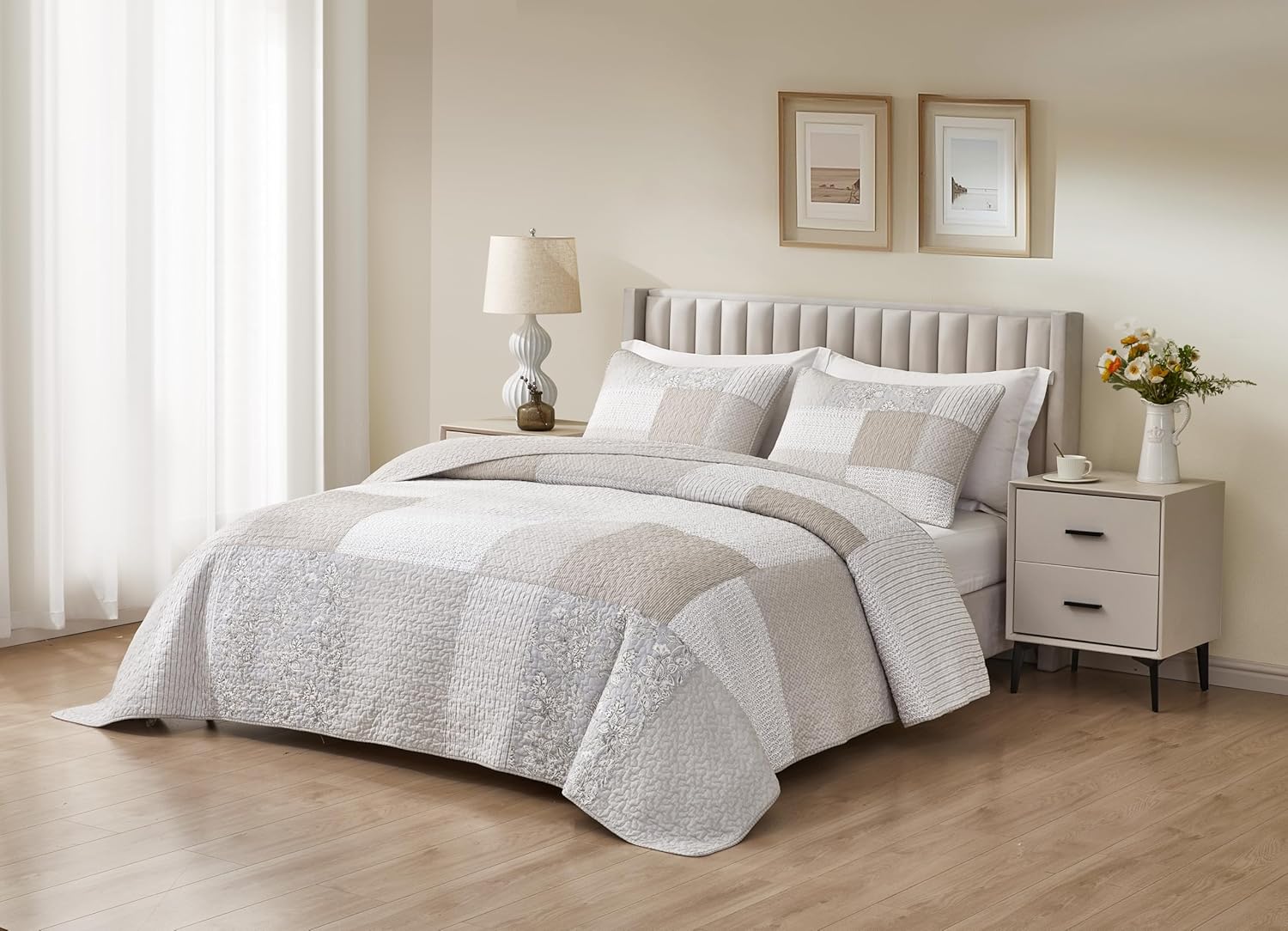 Chezmoi Collection Quinn 3-Piece Neutral Taupe Gray White Floral Hibiscus Flower Candy Stripe Patchwork Quilt Set - Pre-Washed Cotton Coverlet - Lightweight Reversible Bedspread, Super King Size