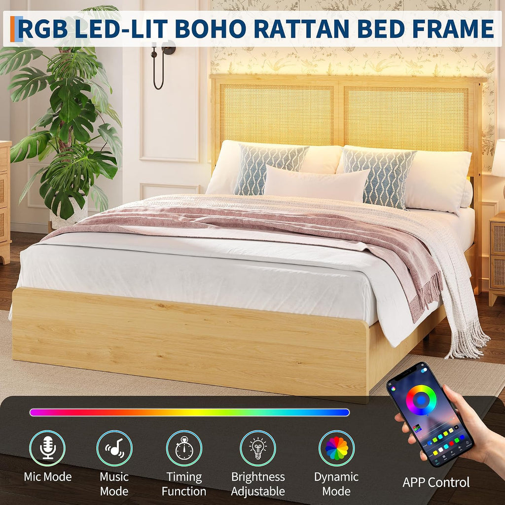 coucheta Rattan Bed Frame Queen with Natural Rattan Headboard,Queen Bed Frame with LED Lights,Rattan Queen Bed Frame with Headboard, Wood Foundation with Silent Slats,No Box Spring Needed