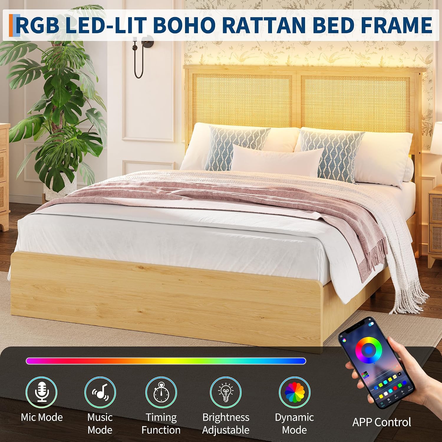 coucheta Rattan Bed Frame Queen with Natural Rattan Headboard,Queen Bed Frame with LED Lights,Rattan Queen Bed Frame with Headboard, Wood Foundation with Silent Slats,No Box Spring Needed