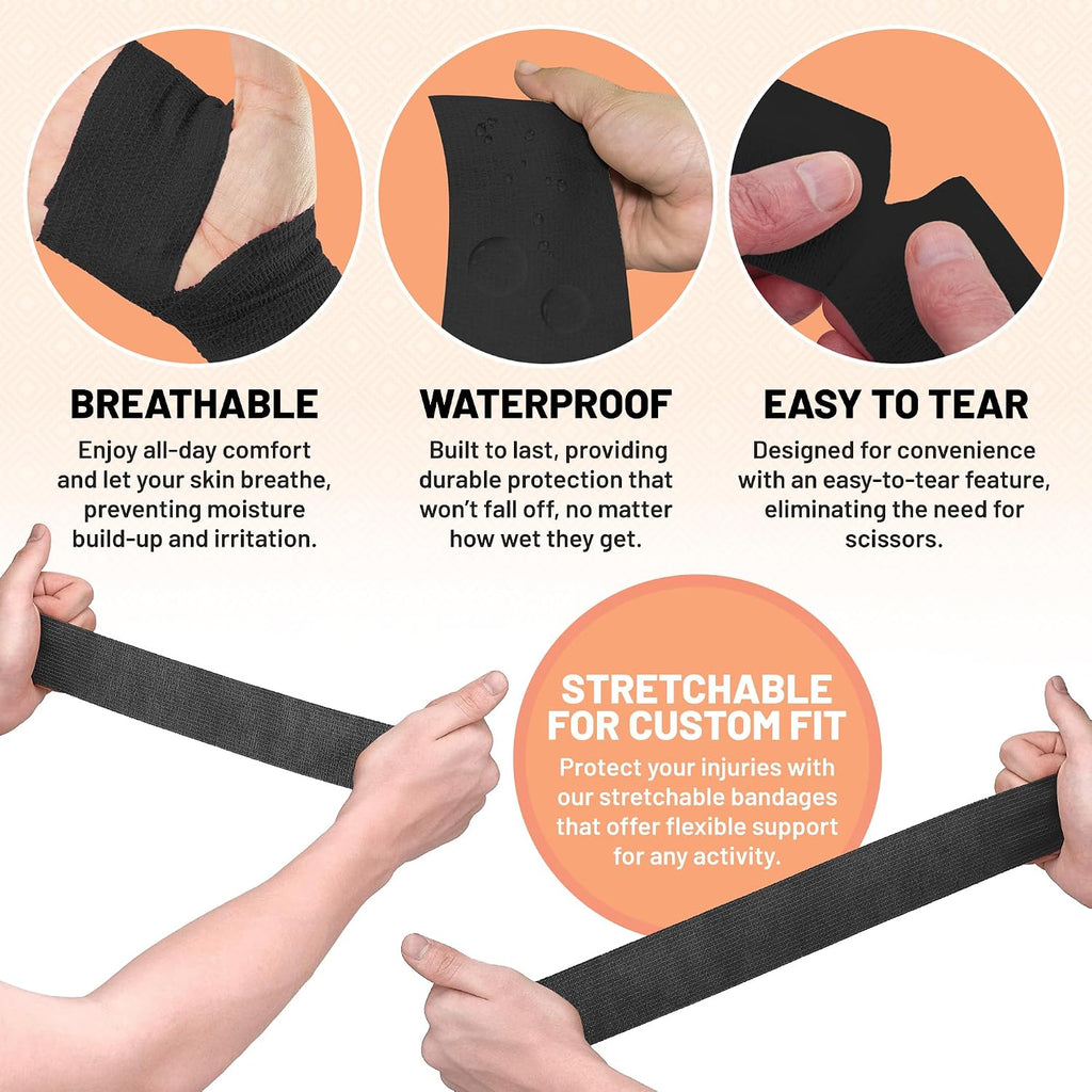 Self-Adherent Cohesive Bandage - Black Medical Wrap - (288 Rolls Bulk) - 2' Wide x 5 Yards Sports Tape for Medical Use, Sports, First Aid and Helps Protect Skin