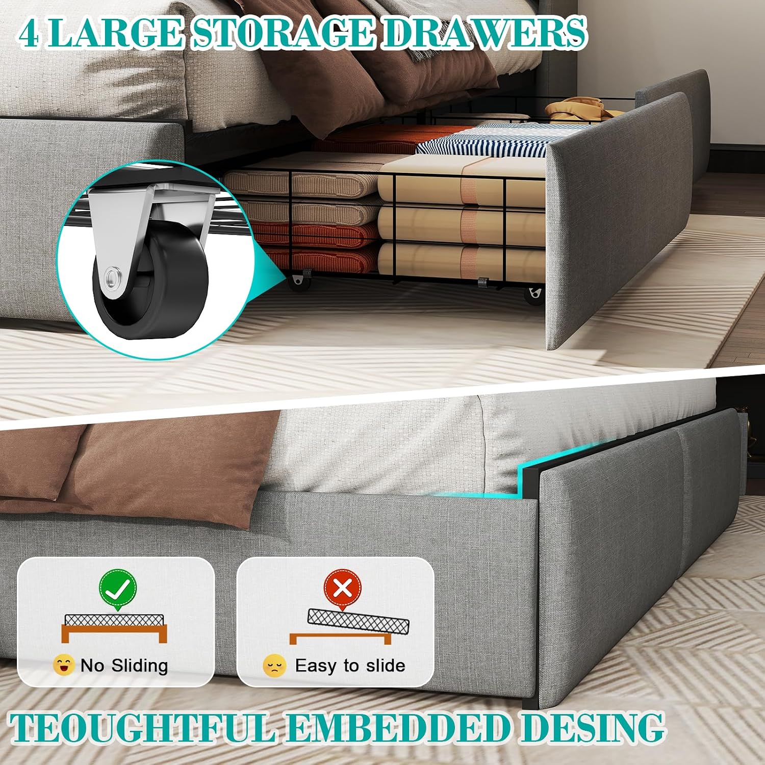 Doltoro King Size Platform Bed Frame with 4 Storage Drawers and LED Headboard, Upholstered King Metal Bed with Charging Station, No Box Spring Needed, Easy Assembly, Gray