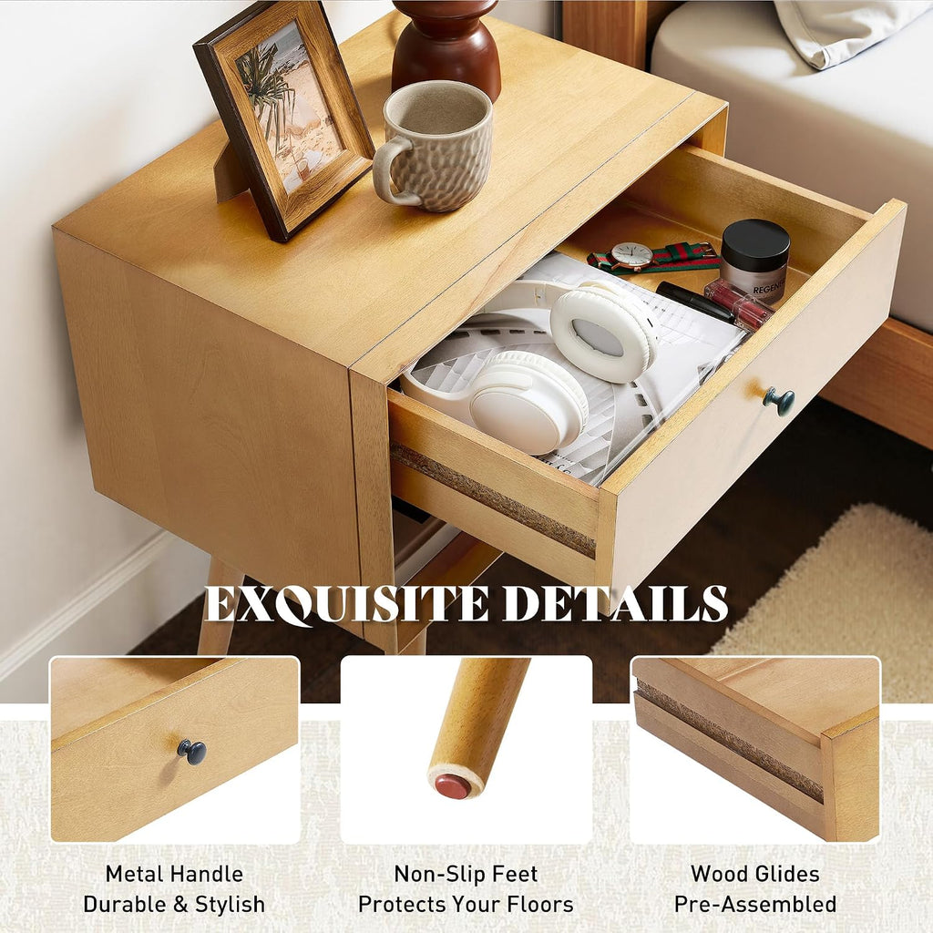 AMERLIFE 3 Pieces Solid Wood Bedroom Set, Full Platform Bed Frame with Headboard and Fully Assembled Nightstand Set of 2 with Storage Drawer, Modern Bedroom Furniture Set, Natural