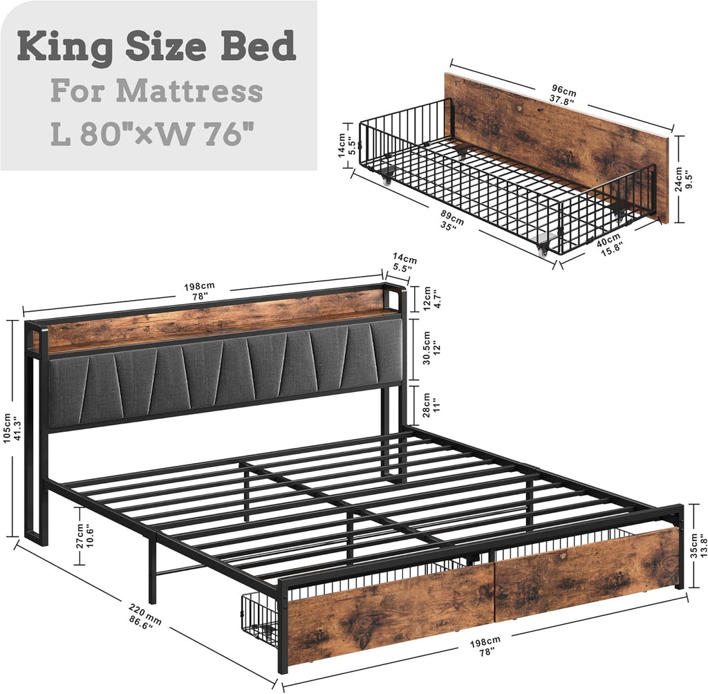 LIKIMIO King Size Bed Frame, Storage Headboard with Charging Station, Platform Bed with Drawers, No Box Spring Needed, Easy Assembly, Industrial Brown and Gray