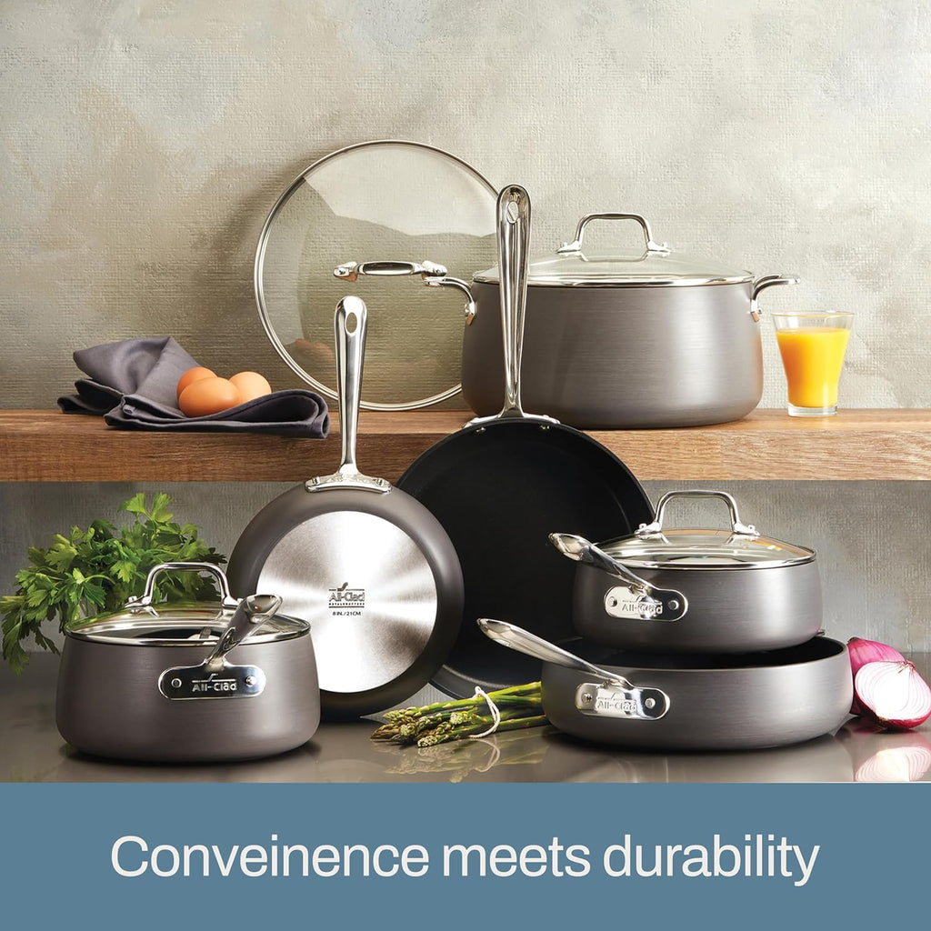 All-Clad HA1 Hard Anodized Nonstick Cookware Set 10 Piece Induction Oven Broiler Safe 500F, Lid Safe 350F Pots and Pans Black