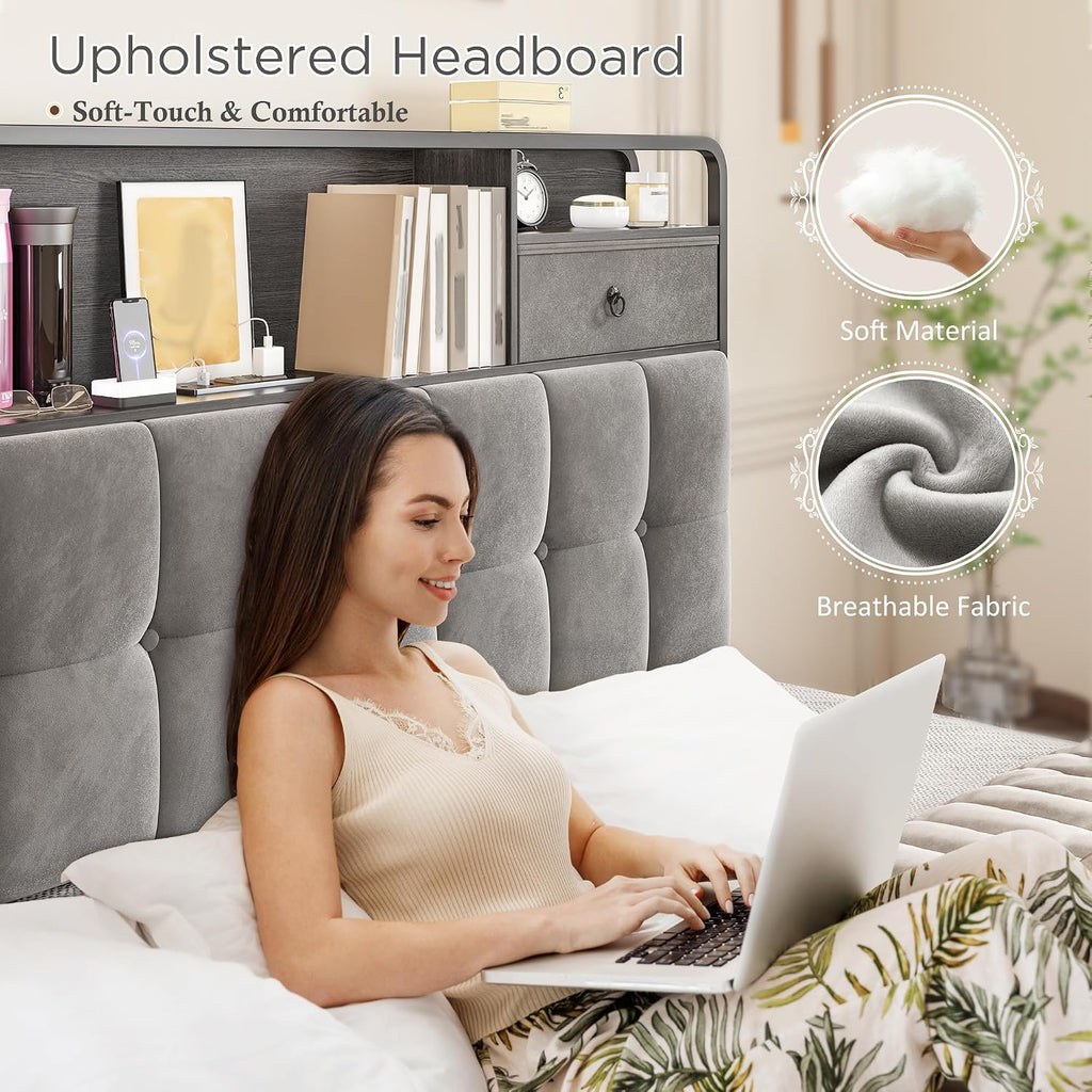 EnHomee Queen Bed Frame with 6 Storage Drawers and Upholstered Headboard,Modern Bed Frame Queen with LED Light and Charging Station,no Box Spring Needed,No Noise, Easy Assembly,Velvet,Sturdy,Grey