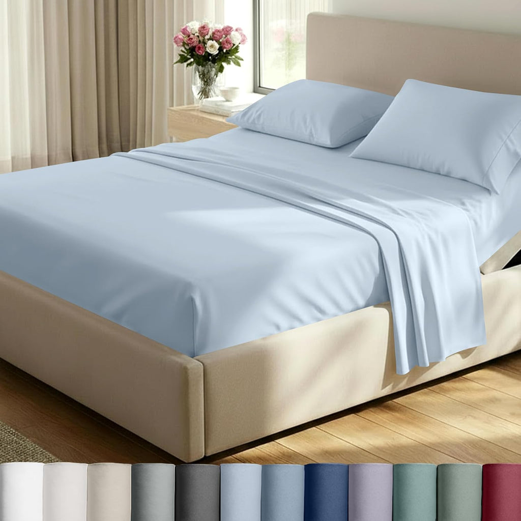 California Design Den Split Top King Sheets Sets for Adjustable Bed - Luxury Hotel 800 Thread Count Sateen, Natural 100% Cotton Sheets, Durable Deep Pockets Bedding Set - Blue (Grey Tone)