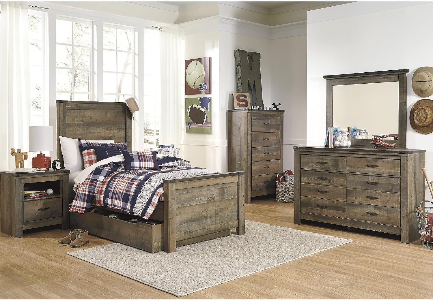 Signature Design by Ashley Trinell Casual Twin Panel Platform Bed with 1 Large Storage Drawer and Nailheads, Foundation or Box Spring Not Needed, Dark Brown