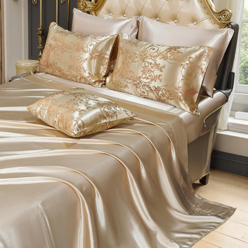 King Size 8-Piece Jacquard Comforter Set with Satin Sheets Set – Elegant Coordinated Bedding Collection for Bedroom Gold Bed-in-a-Bag