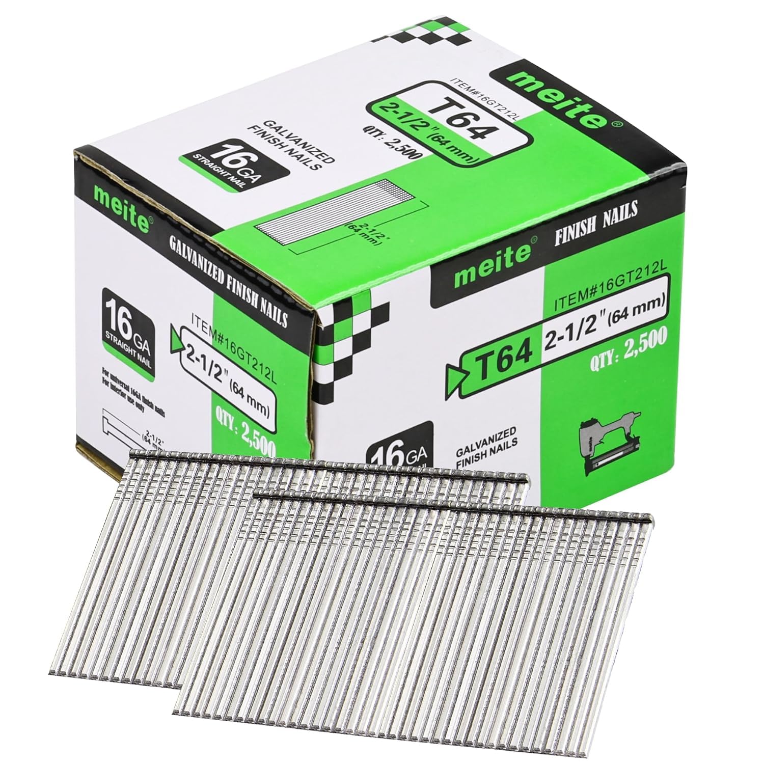 meite 16 Gauge Finish Nails 2-1/2 Inch Galvanized Straight Finishing Nails for Finish Nailer Gun Window Casing Baseboard Crown Molding, 1 Case/20,000PCS
