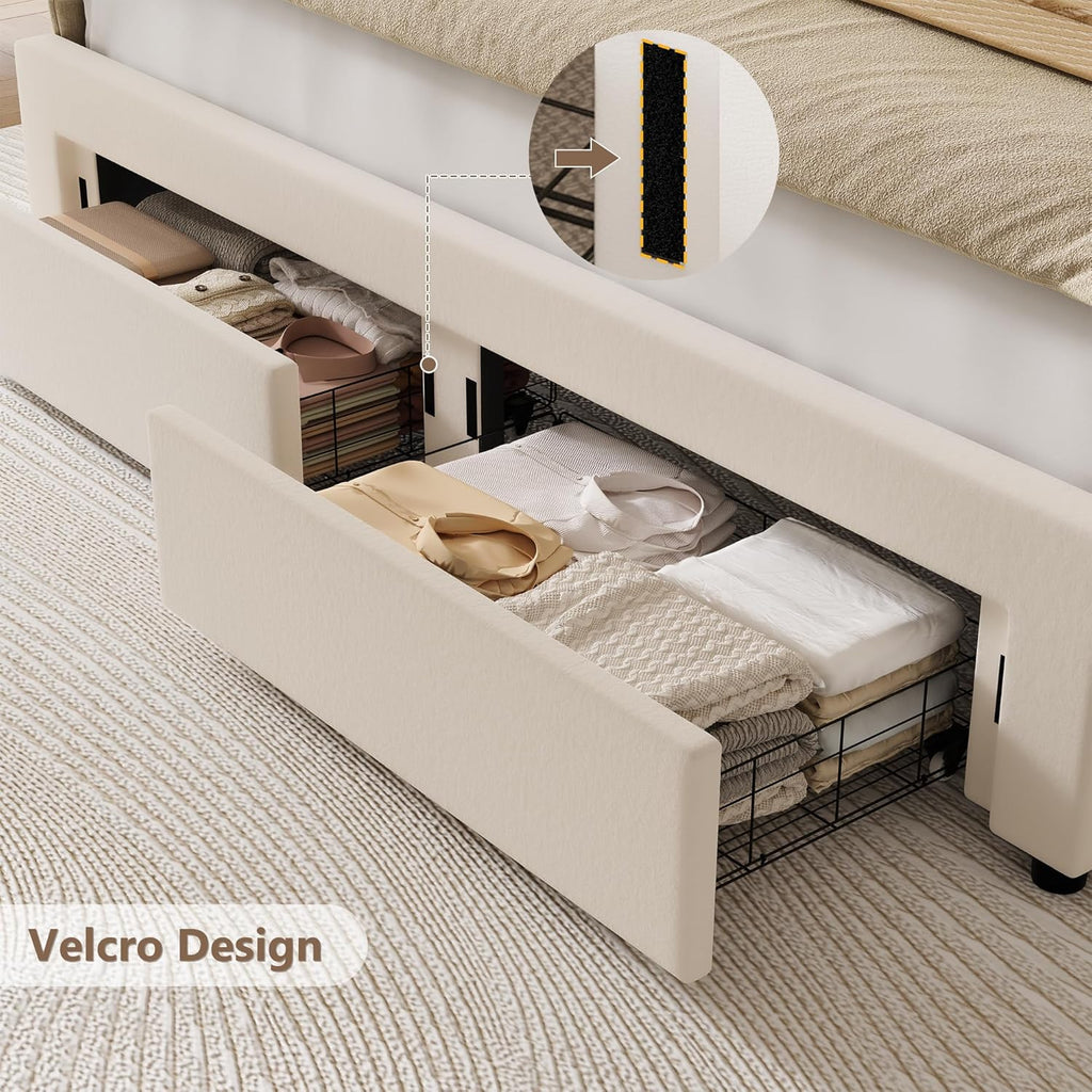 HITHOS Full Upholstered LED Bed Frame with 2 Storage Drawers, Velvet Platform Bed with Wingback Headboard, Solid Wooden Slats Support, No Box Spring Needed, Headboard Splicing Design, Beige