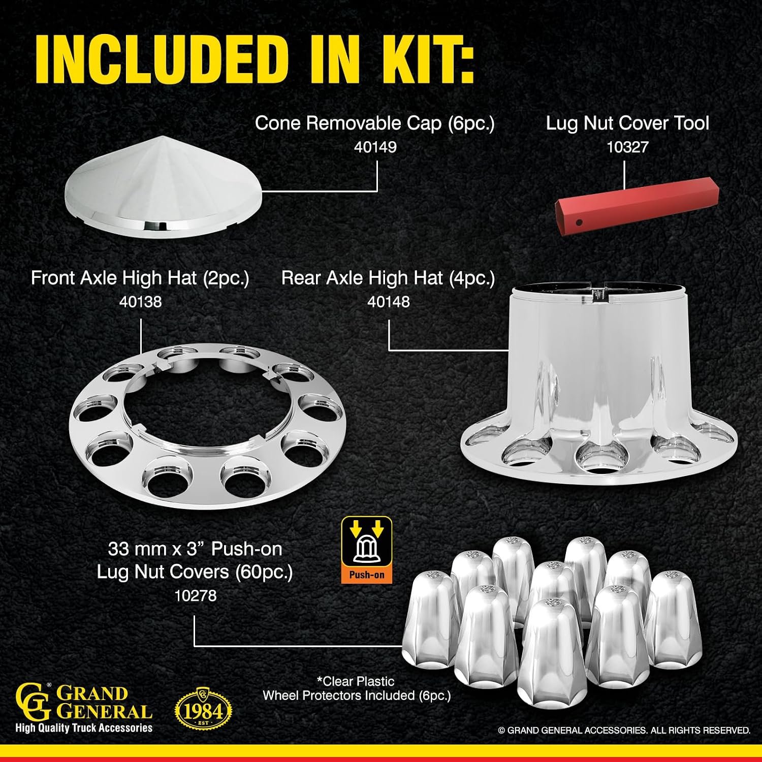 GG Grand General 40233 Chrome Plastic Complete ABS Axle Set (2 Front & 4 Rear) w/Cone Style Hub Caps and Push-On 33mm Lug Nut Covers for Trucks, 4 Pack, '33mm x 3'''