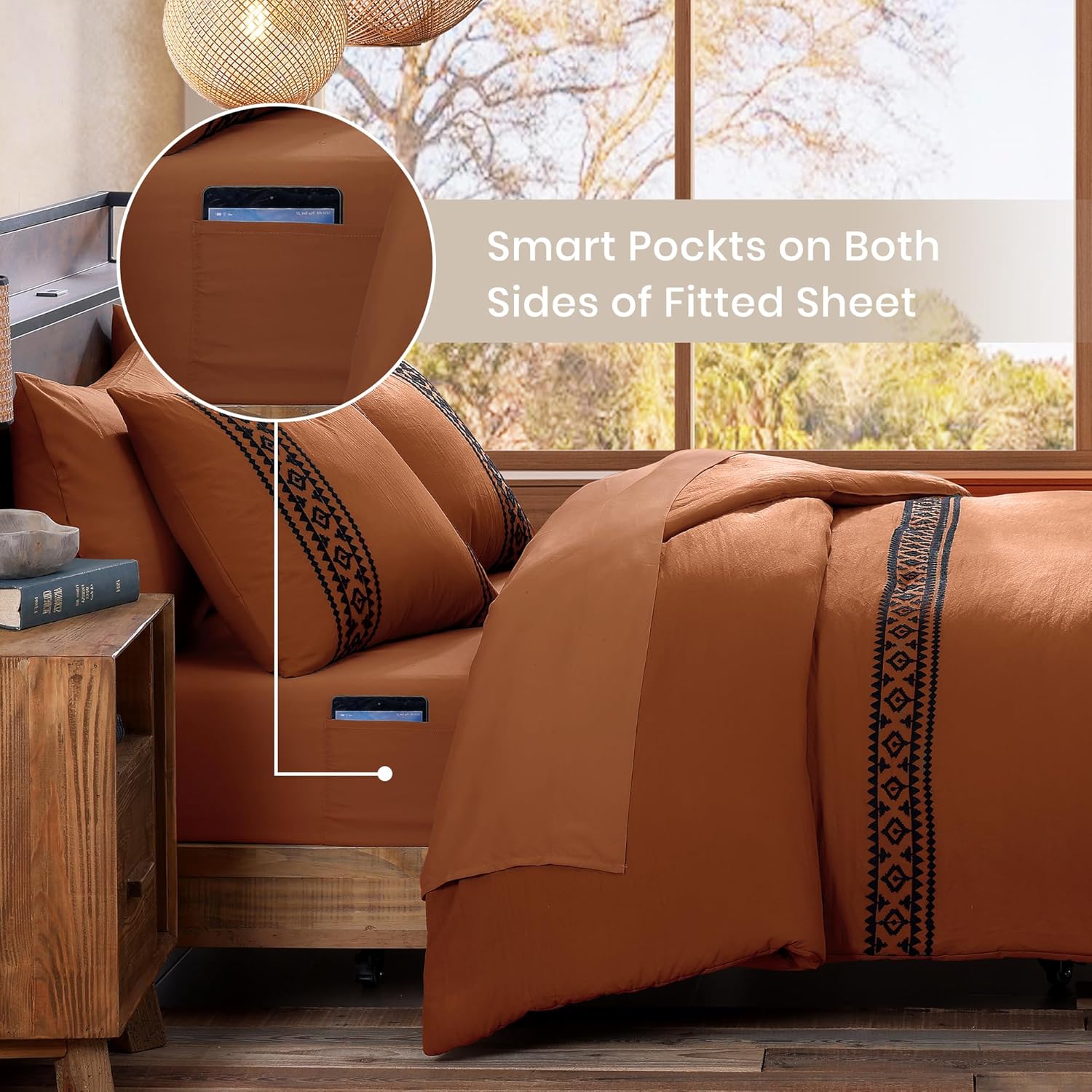 MaiRêve Super King Plus Comforter Set Burnt Orange, Embroidery Western Boho Bedding Set 7 Pieces, All Season Farmhouse Bed in A Bag Comforter Set with Sheets, Pillowcases & Shams