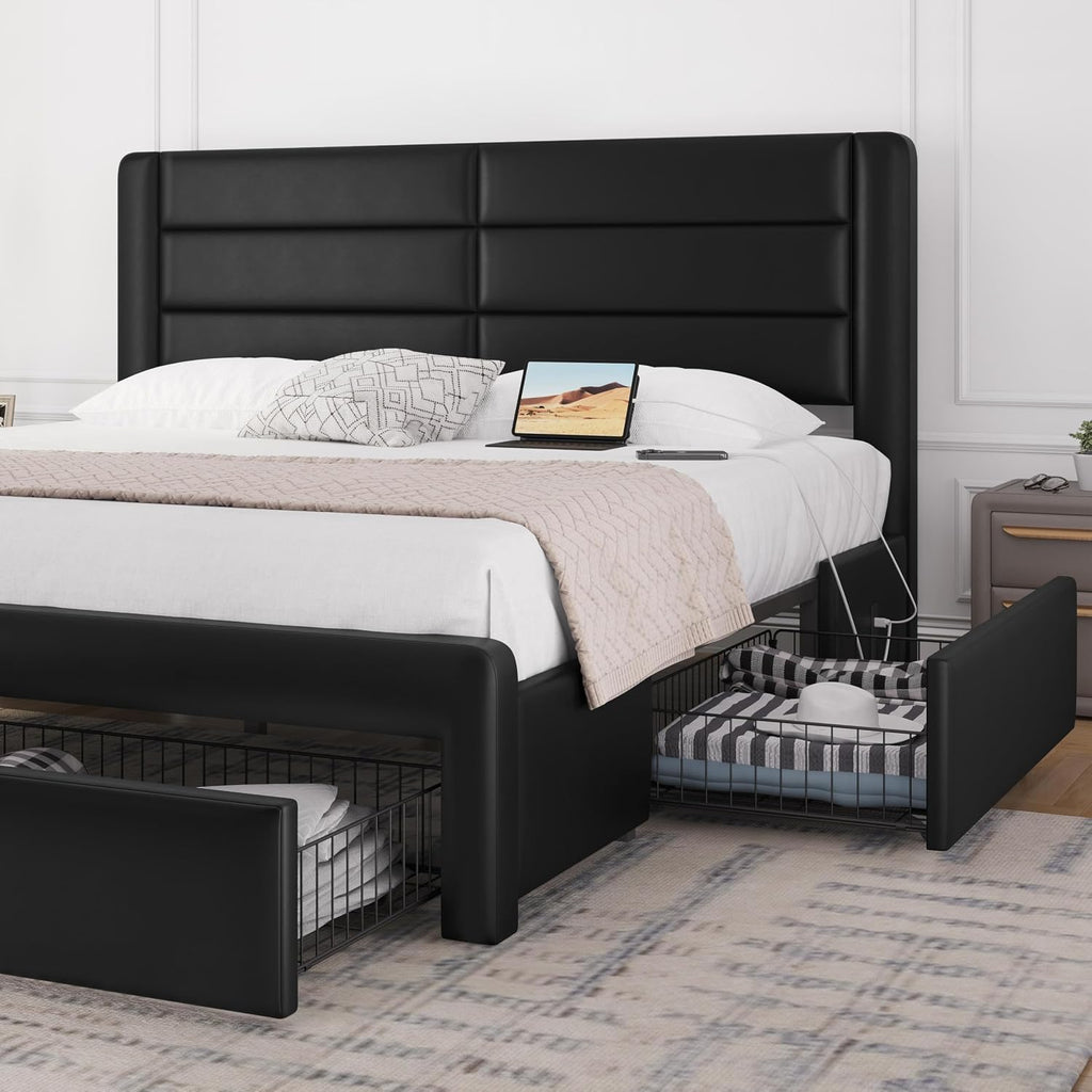 Yaheetech King Size Bed Frame with 2 USB Charging Station/Port for Type A&Type C/4 Storage Drawers, Leather Upholstered Platform Bed with Headboard/Solid Wood Slat Support/No Box Spring Needed/Black