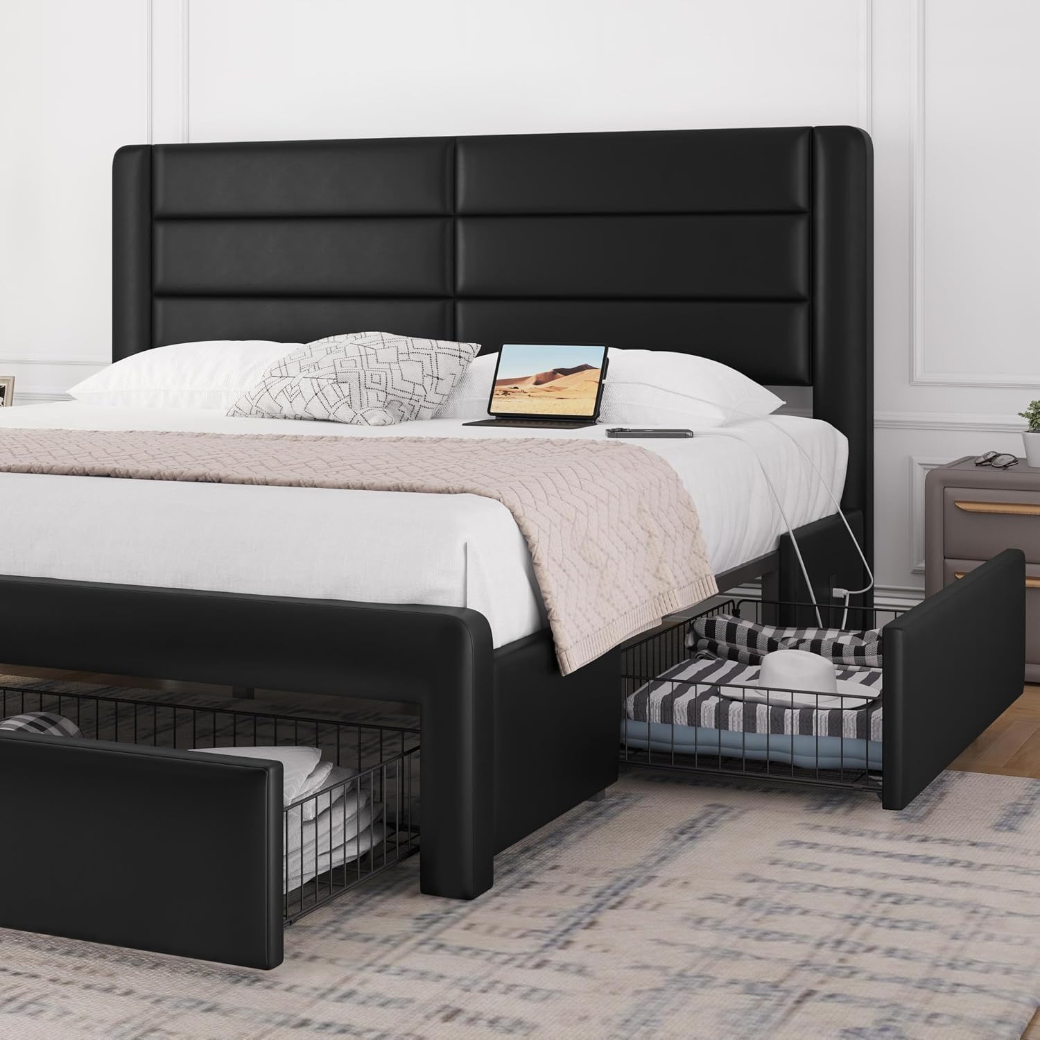 Yaheetech King Size Bed Frame with 2 USB Charging Station/Port for Type A&Type C/4 Storage Drawers, Leather Upholstered Platform Bed with Headboard/Solid Wood Slat Support/No Box Spring Needed/Black