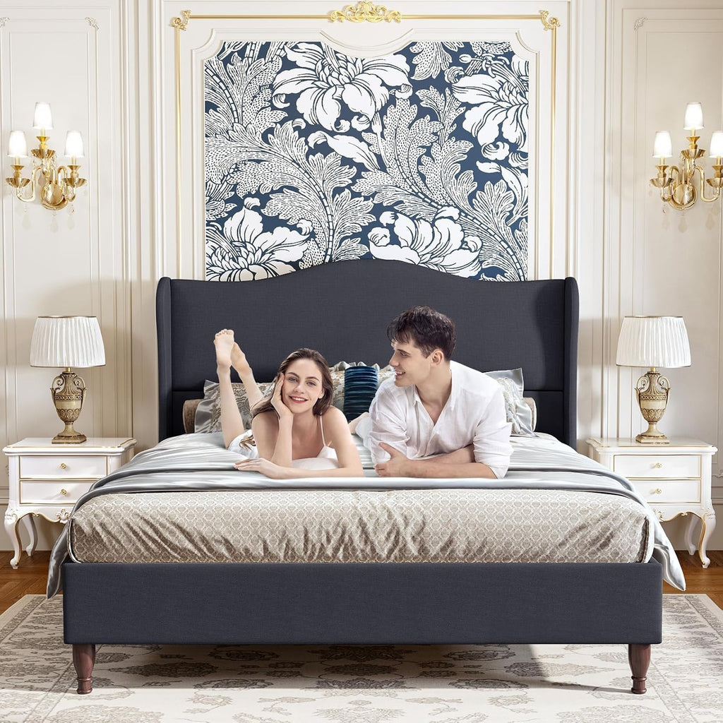koorlian Full Size Bed Frame Upholstered Platform Bed with 51'' Tall Fabric Headboard and Wooden Slats Support, Retro Minimalist Style/Fully Upholstered/Easy Assembly, Dark Navy
