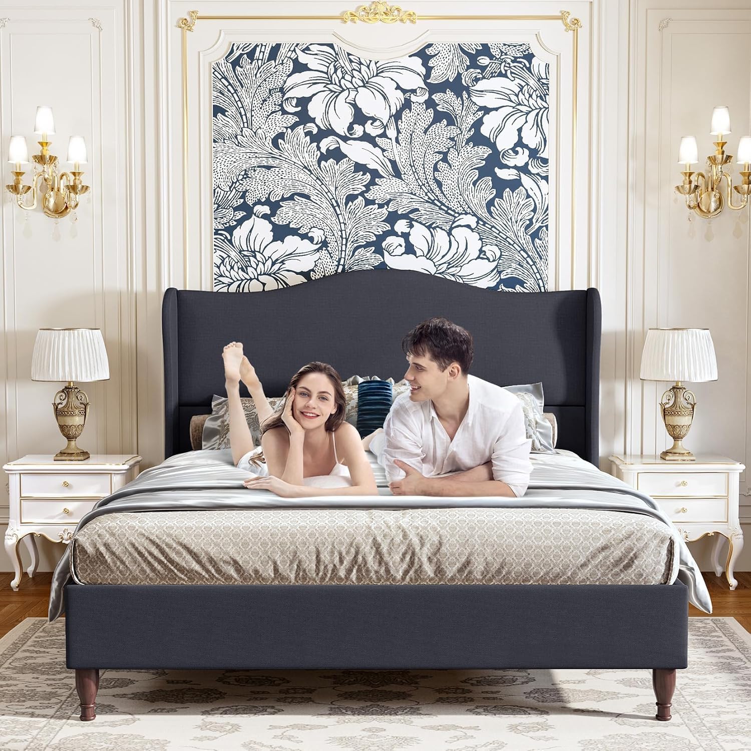 koorlian Full Size Bed Frame Upholstered Platform Bed with 51'' Tall Fabric Headboard and Wooden Slats Support, Retro Minimalist Style/Fully Upholstered/Easy Assembly, Dark Navy