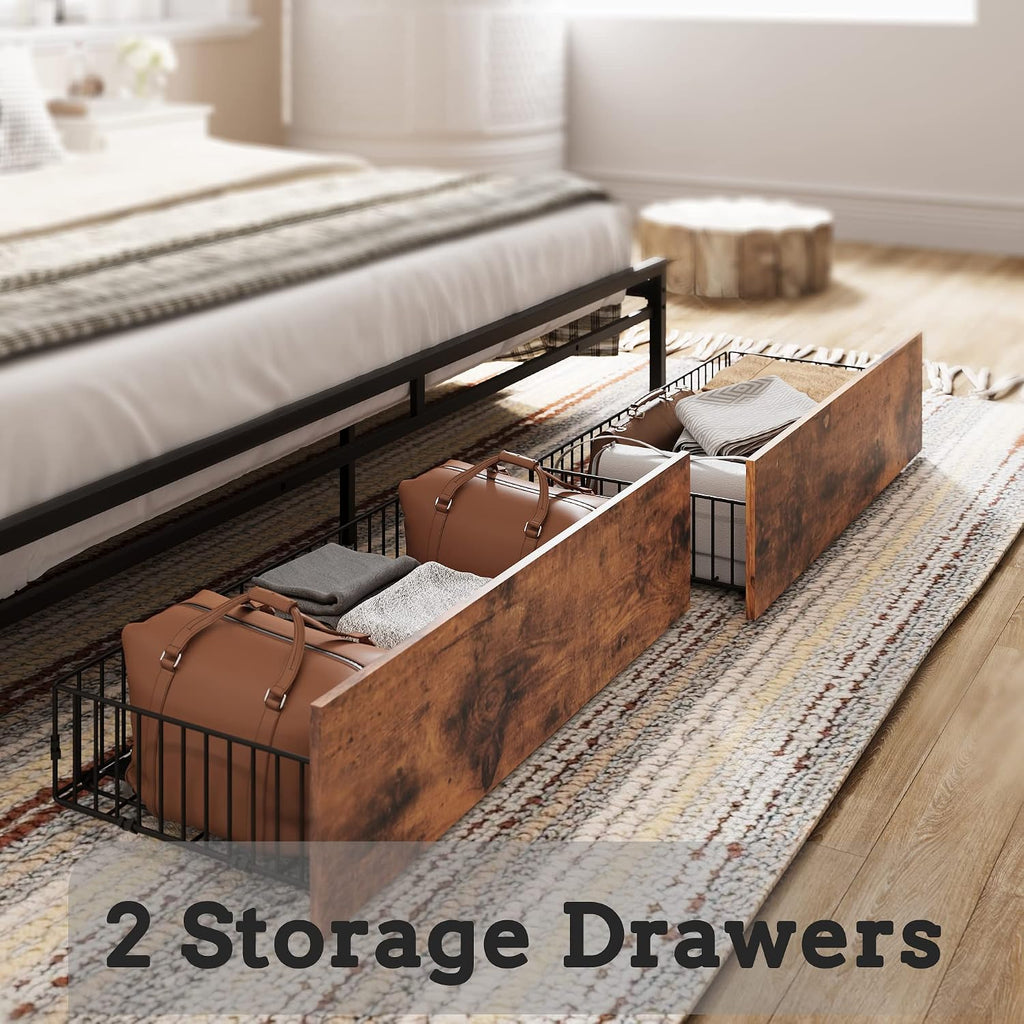 LIKIMIO King Size Bed Frame, Storage Headboard with Charging Station, Platform Bed with Drawers, No Box Spring Needed, Easy Assembly, Industrial Brown and Gray
