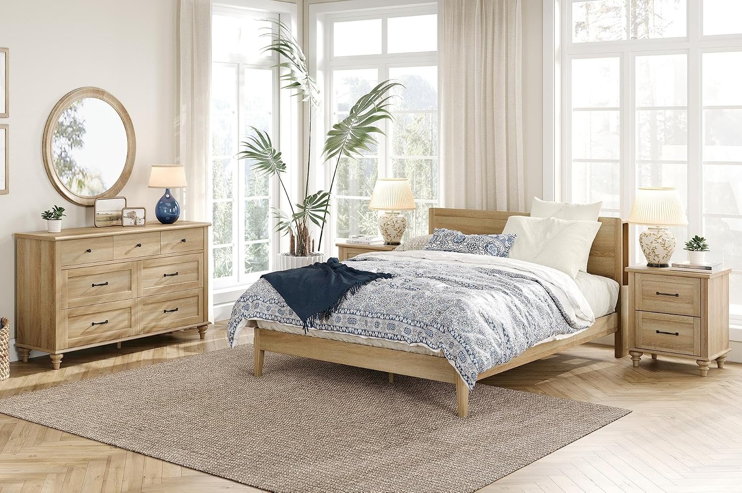 WAMPAT 3 Piece Bedroom Set - Includes 7 Drawer Dresser for Bedroom, Set of 2 Night Stands with Charging Station & Drawers, 3 Piece Dresser and Nightstand Sets, Oak