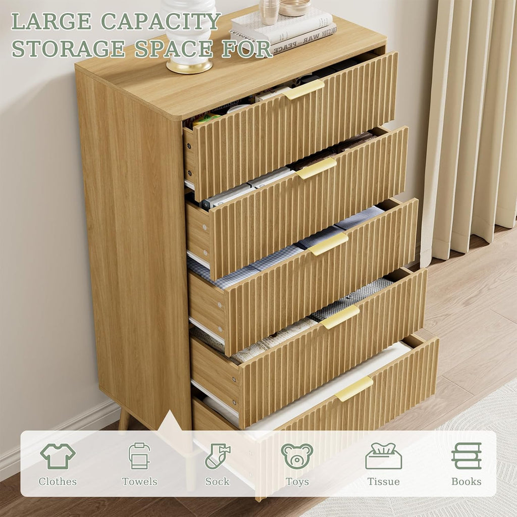 LYNSOM Fluted Dresser and Nightstand Sets 4 Piece, 2-Drawer Nightstands and 5/7 Drawers Dresser, Wood Bedroom Furniture Set for Home, Bedroom, Hallway, Oak
