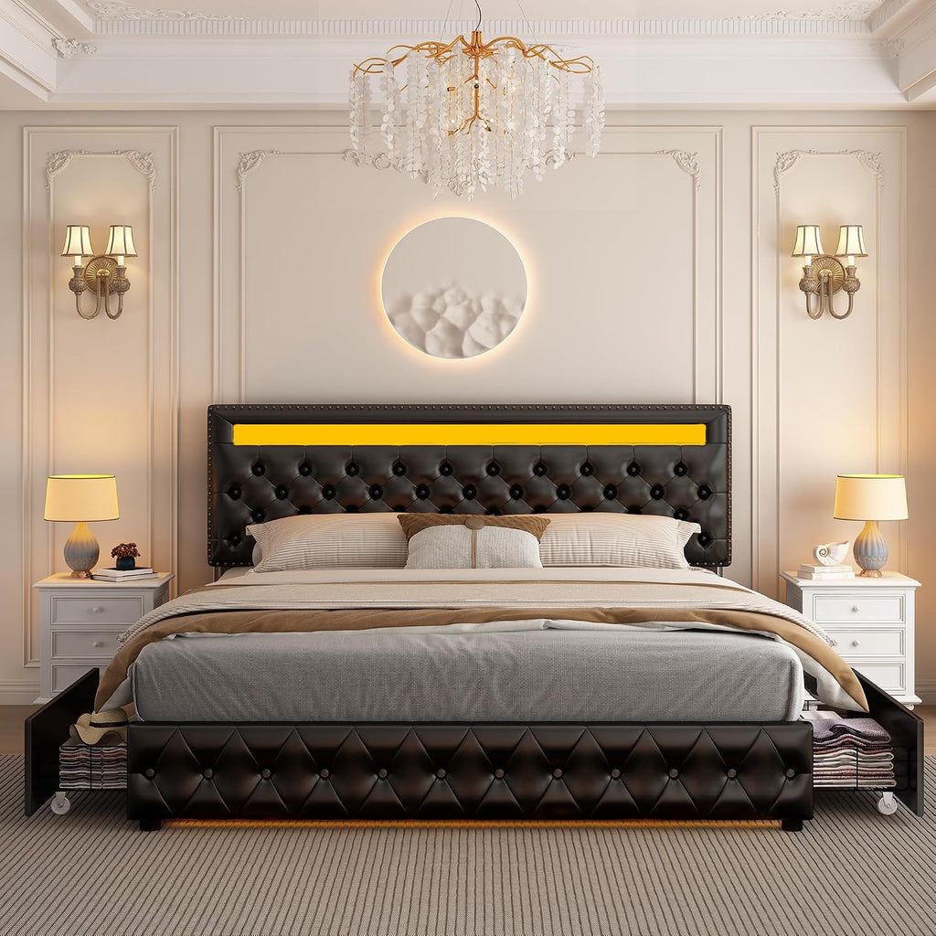 GEGOFORU King Led Bed Frame with 4 Storage Drawers, with Smart Control RGBW LED Lights Headboard Footboard, Control DIY Color, Box Spring Optional, PU Black