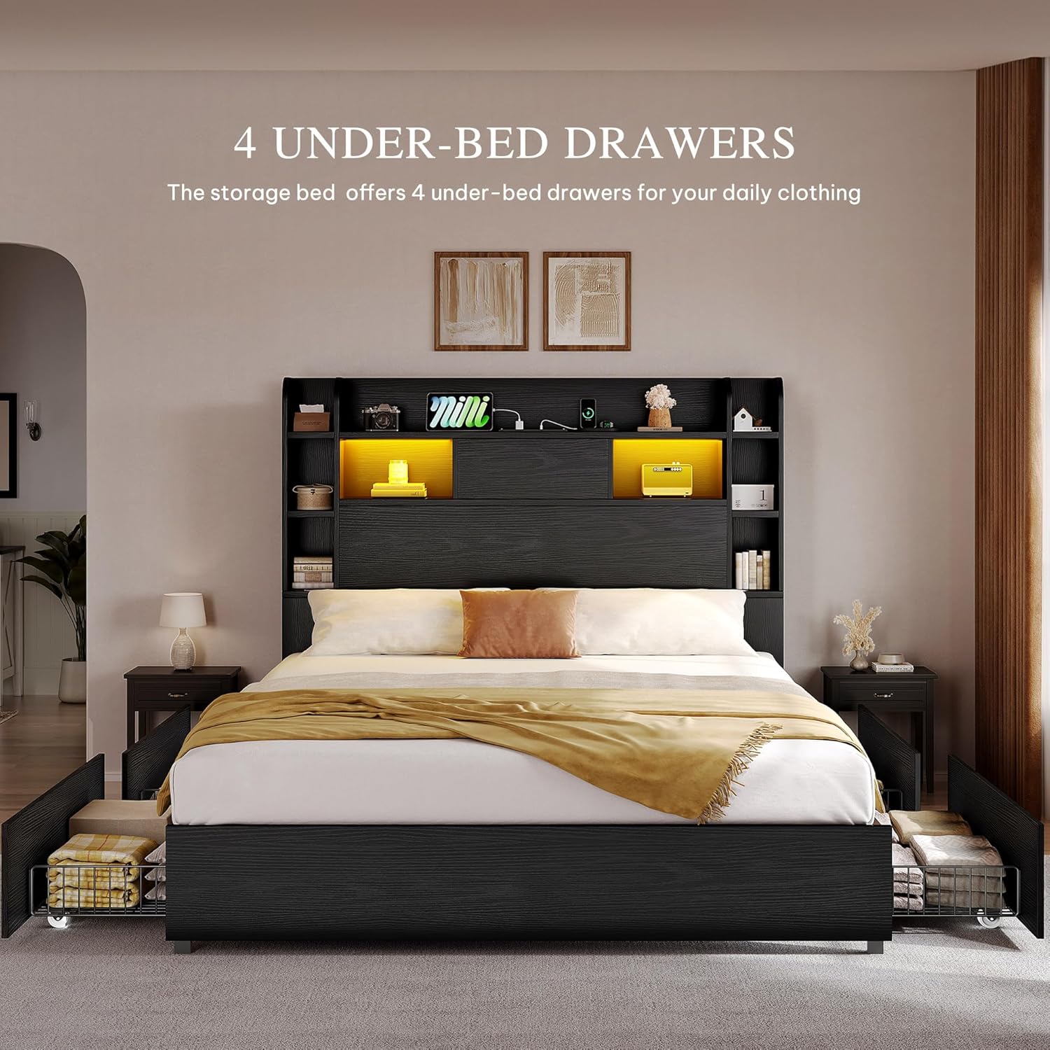 YITAHOME Queen Size Bed Frame with Bookcase Headboard and 4 Storage Drawers, RGB LED Bed Frame with Type-C & USB Charging Station Storage Headboard Bed, No Box Spring Needed, Noise Free, Black