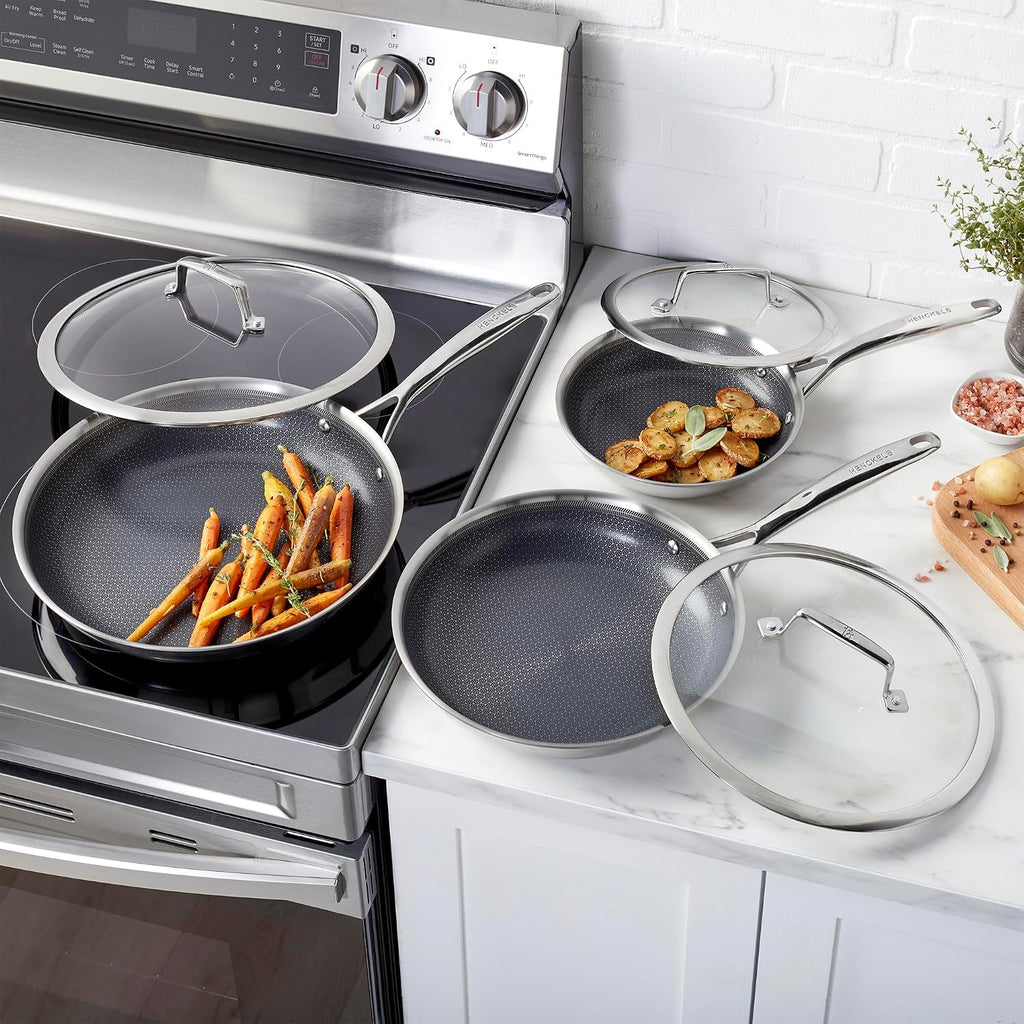 Henckels Paradigm Stainless Steel 6 Pc Fry Pan Set, Tri-Ply Ceramic Nonstick Fry Pan Set, Non Toxic Induction Fry Pan, Metal-Utensil & Dishwasher Safe