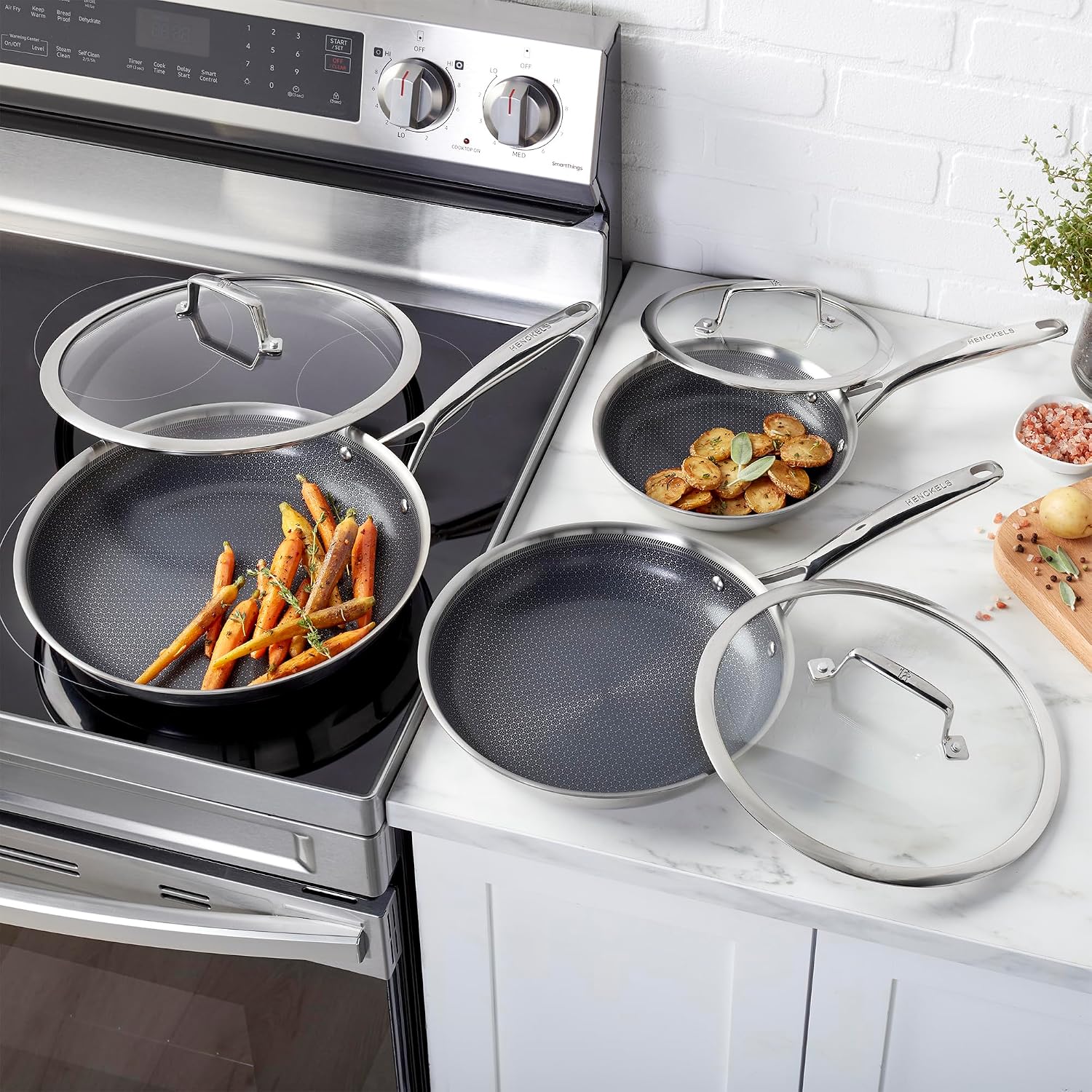 Henckels Paradigm Stainless Steel 6 Pc Fry Pan Set, Tri-Ply Ceramic Nonstick Fry Pan Set, Non Toxic Induction Fry Pan, Metal-Utensil & Dishwasher Safe