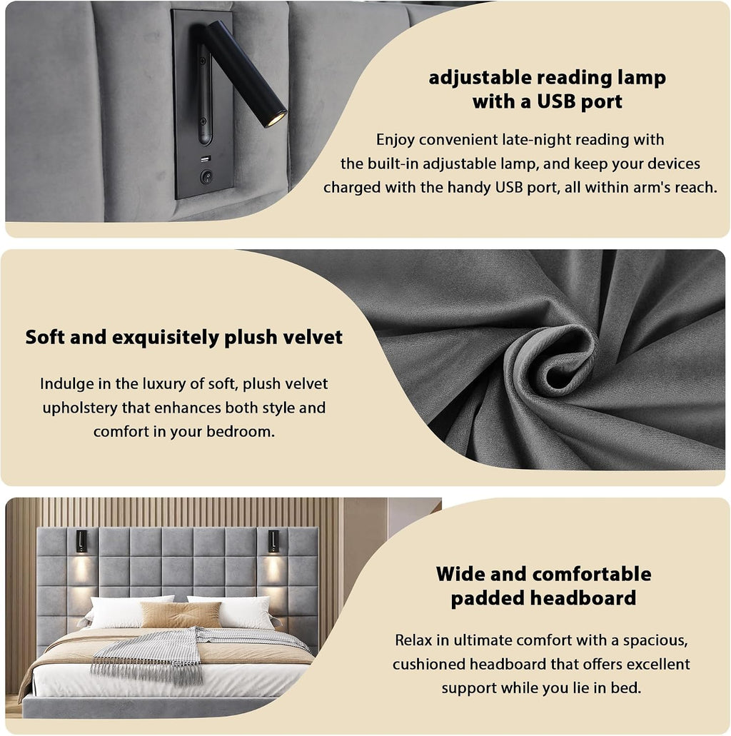 Christopher Knight Home Svens 46' High Headboard Bed, King Size Platform Bed Frame, Soft Velvet Upholstered California King Bed Frame, Square Pattern Design with Reading Lamps and USB Ports, Grey