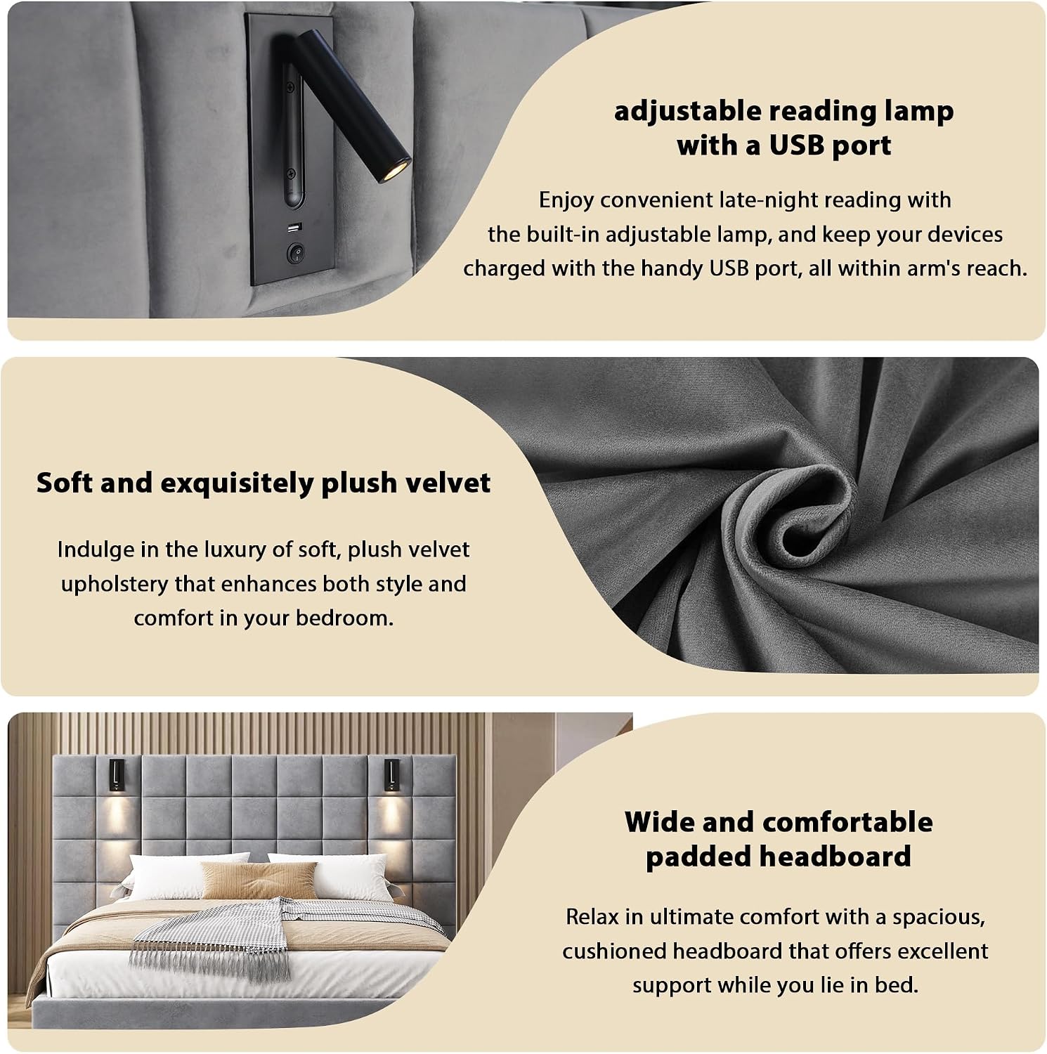Christopher Knight Home Svens 46' High Headboard Bed, King Size Platform Bed Frame, Soft Velvet Upholstered California King Bed Frame, Square Pattern Design with Reading Lamps and USB Ports, Grey