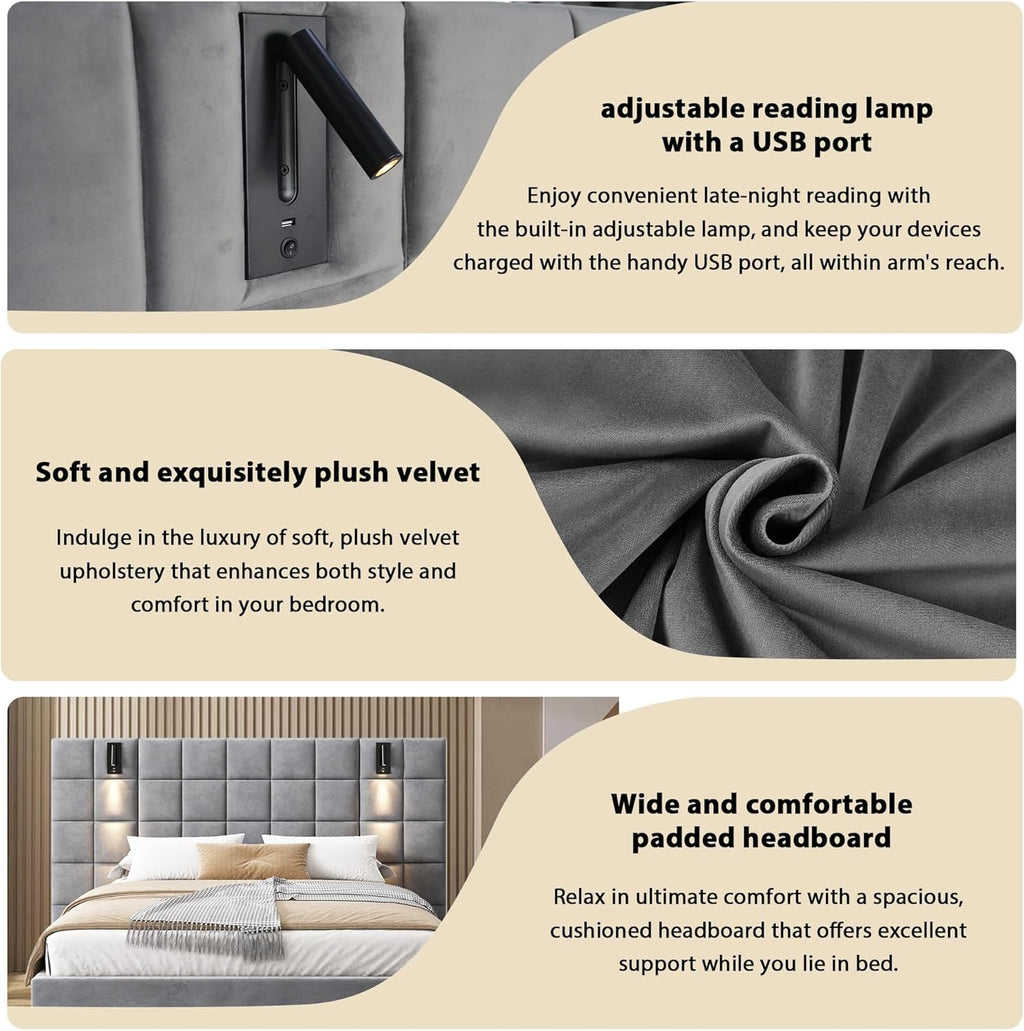 Merax California King Size Upholstered Velvet Bed Frame, with Wall Sconce and USB Port, Wide Headboard for Bedroom, (Without Bedside Tables & Mattress), Gray