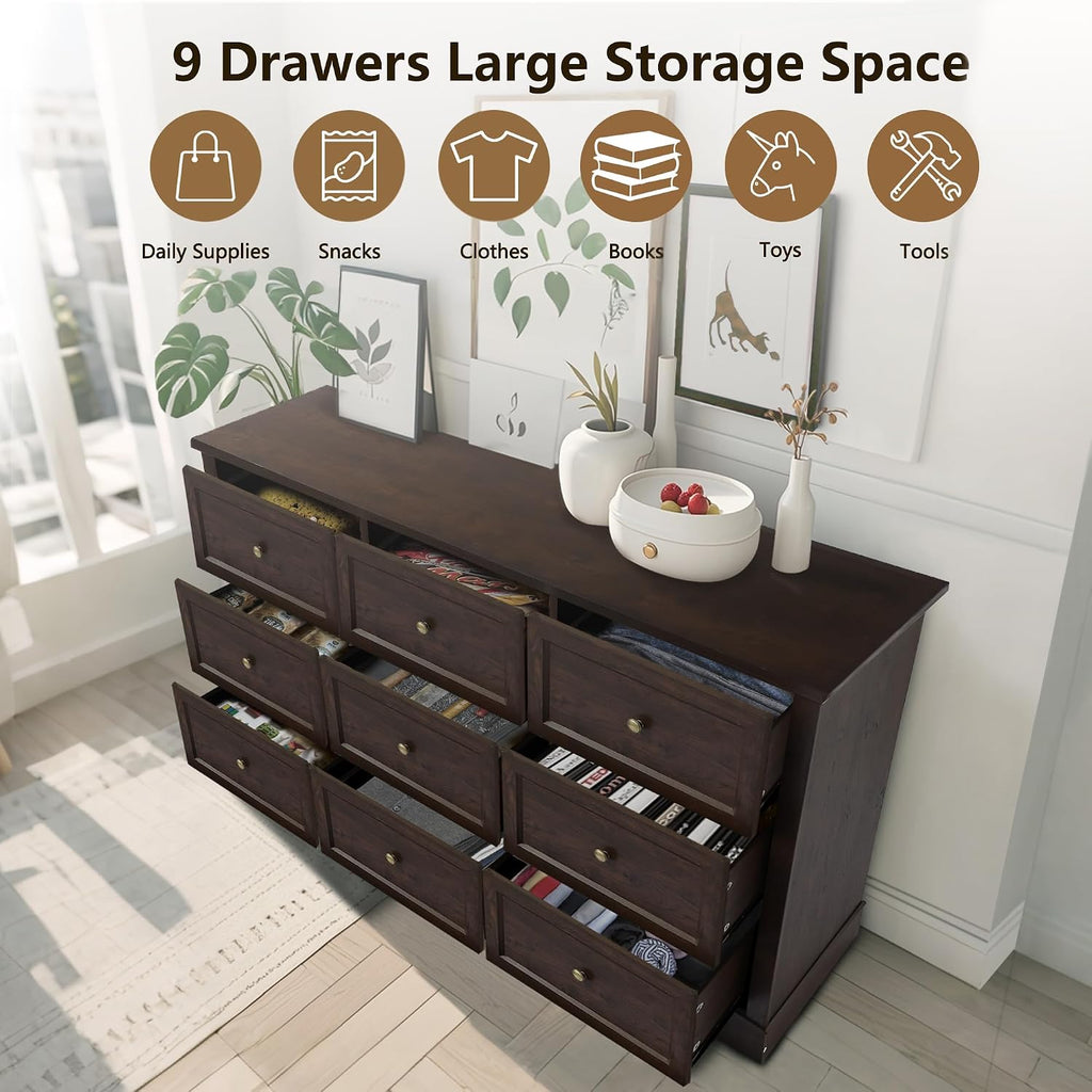 LOUVIXA Bedroom Sets, Include 9 Drawer Dresser, and Nightstand Set of 2 with Charging Station (Brown Sets, 3 Pieces)