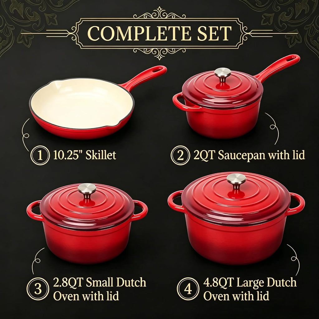QuliMetal Enameled Cast Iron Cookware Set, 4-Piece Pots and Pans Set with Lids, 10.25' Skillet, 2QT Saucepan, 2.8QT & 4.8QT Dutch Ovens, Oven Safe to 500°F, All Stovetops Compatible - Rouge Red