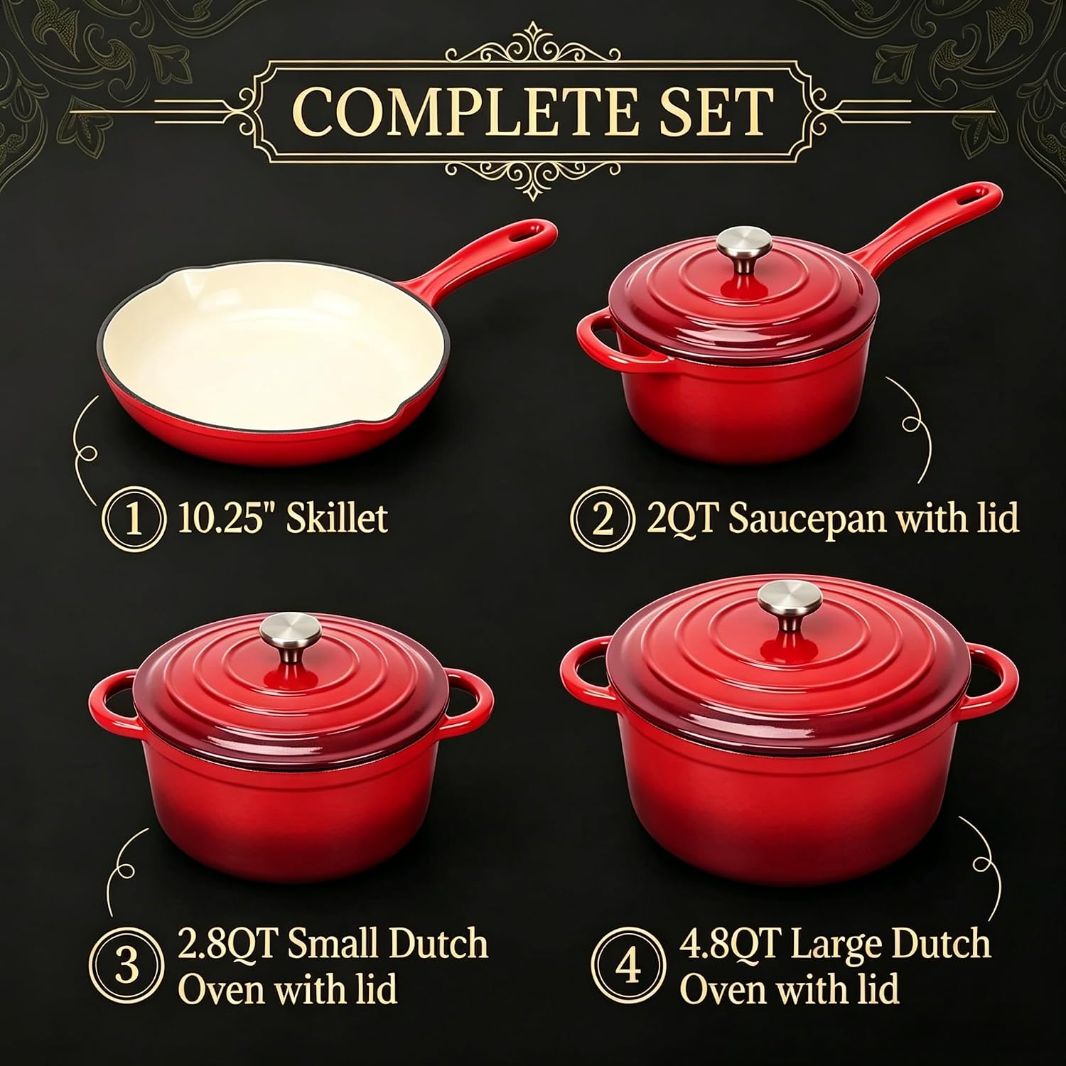 QuliMetal Enameled Cast Iron Cookware Set, 4-Piece Pots and Pans Set with Lids, 10.25' Skillet, 2QT Saucepan, 2.8QT & 4.8QT Dutch Ovens, Oven Safe to 500°F, All Stovetops Compatible - Rouge Red