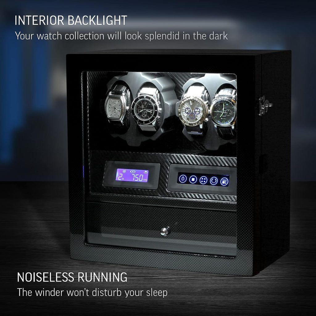4 Watch Winder with 5 Watch Storage Space, LCD Display, Touch Control and Interior Light