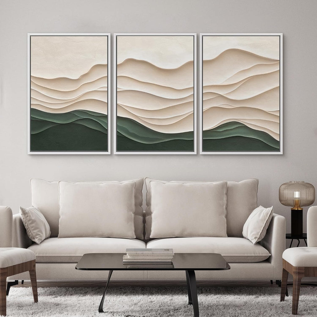 SIGNWIN Framed Canvas Print Wall Art Set Textured Paper Cut Landscape Beige and Green Minimalist Illustrations Modern Art Rustic Scenic Relax/Calm for Living Room, Bedroom, Office - 24'x36'x3 White