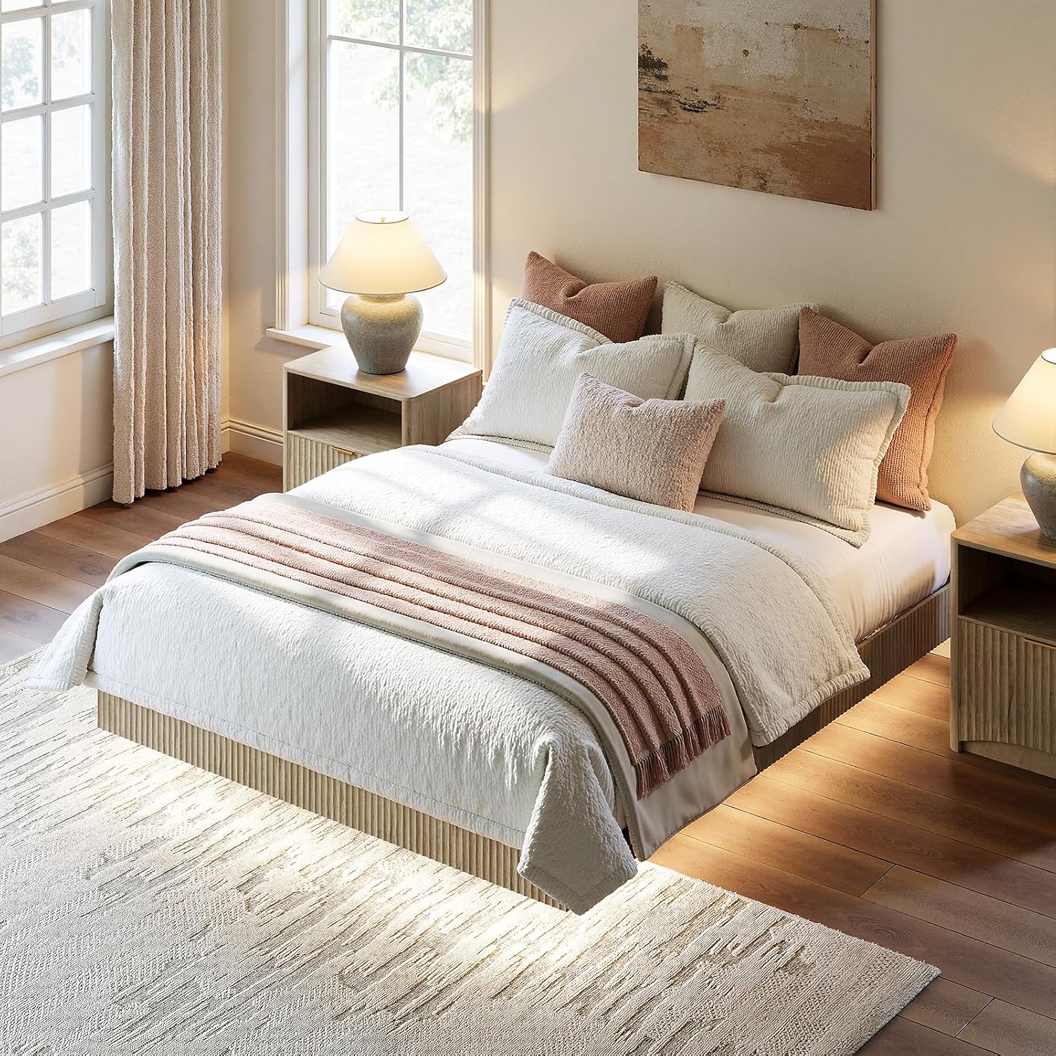 Evermagin Oak Queen Floating Bed Frame with led Lights, Fluted 12In High Platform Bed No Headboard, Heavy Duty Mid Century Modern Float Metal Bedframe, No Box Spring Needed (Oak, Queen-12in high)