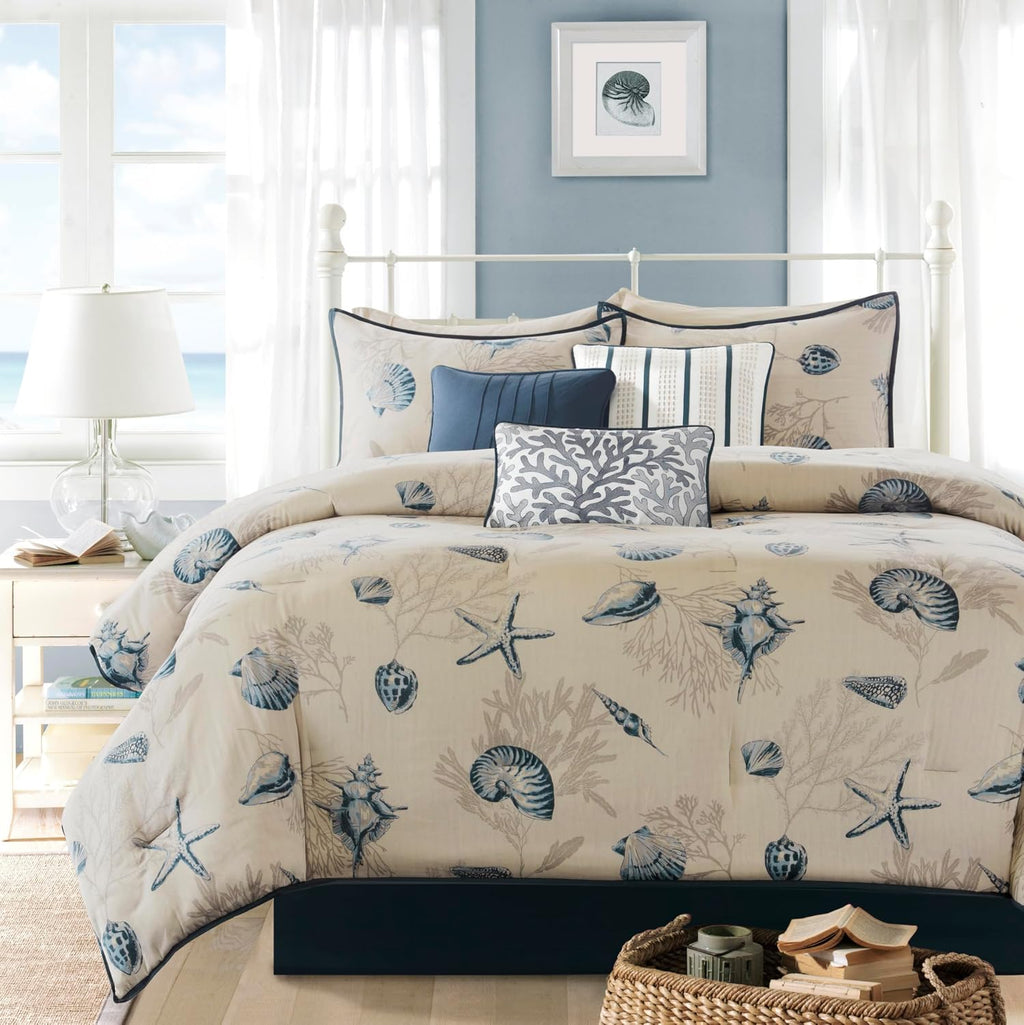 Madison Park 100% Cotton Comforter Set - Coastal Coral, Starfish Design All Season Down Alternative Cozy Bedding with Matching Shams, Decorative Pillow, Queen(90'x90'), Taupe 7 Piece