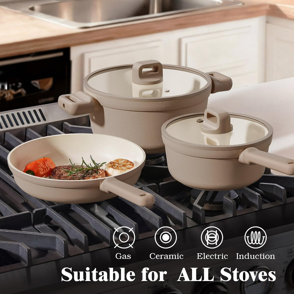 SENSARTE 20Pcs Pots and Pans Set Nonstick, Ceramic Cookware Set Non Stick, Non-toxic Healthy Kitchen Cooking Set, Induction Compatible, Dishwasher Safe, PFAS/PTFE/PFOA Free, TAUPE