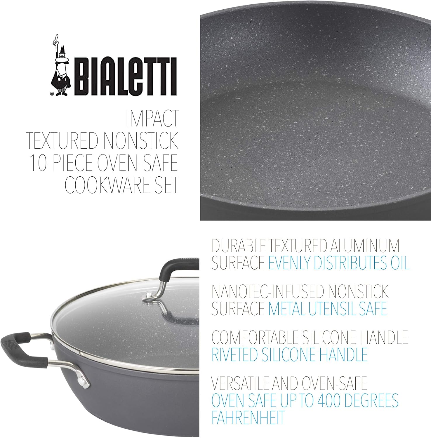 Bialetti Impact 10-Piece Textured Aluminum Cookware Set with Pots, Pans, and Dutch Oven, Nonstick Pots and Pans Set for Kitchen, Gray