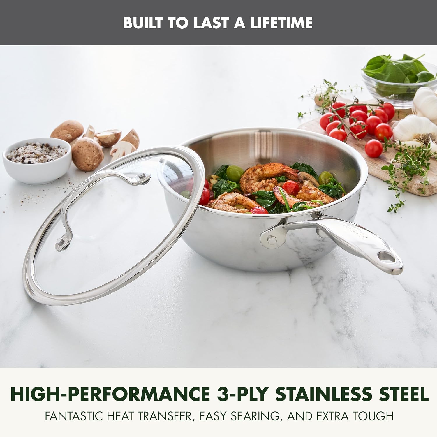 GreenPan Valencia Pro Tri-Ply Stainless Steel 2.5QT Chef's Pan with Lid, Induction Ready Cookware, All Cooktops, Sauce Pot, Mirror Finish, Dishwasher & Oven/Broiler Safe to 600F