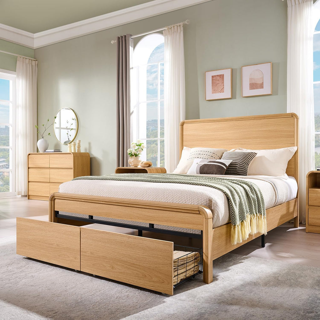 Aitjunz Modern Queen Size Bed Frame with 50' Tall Headboard, Wood Queen Size Platform Bed Frame w/3 Storage Drawers, Curved Profile Design, Wood & Steel Platform Bed, No Box Spring Needed, Natural Oak