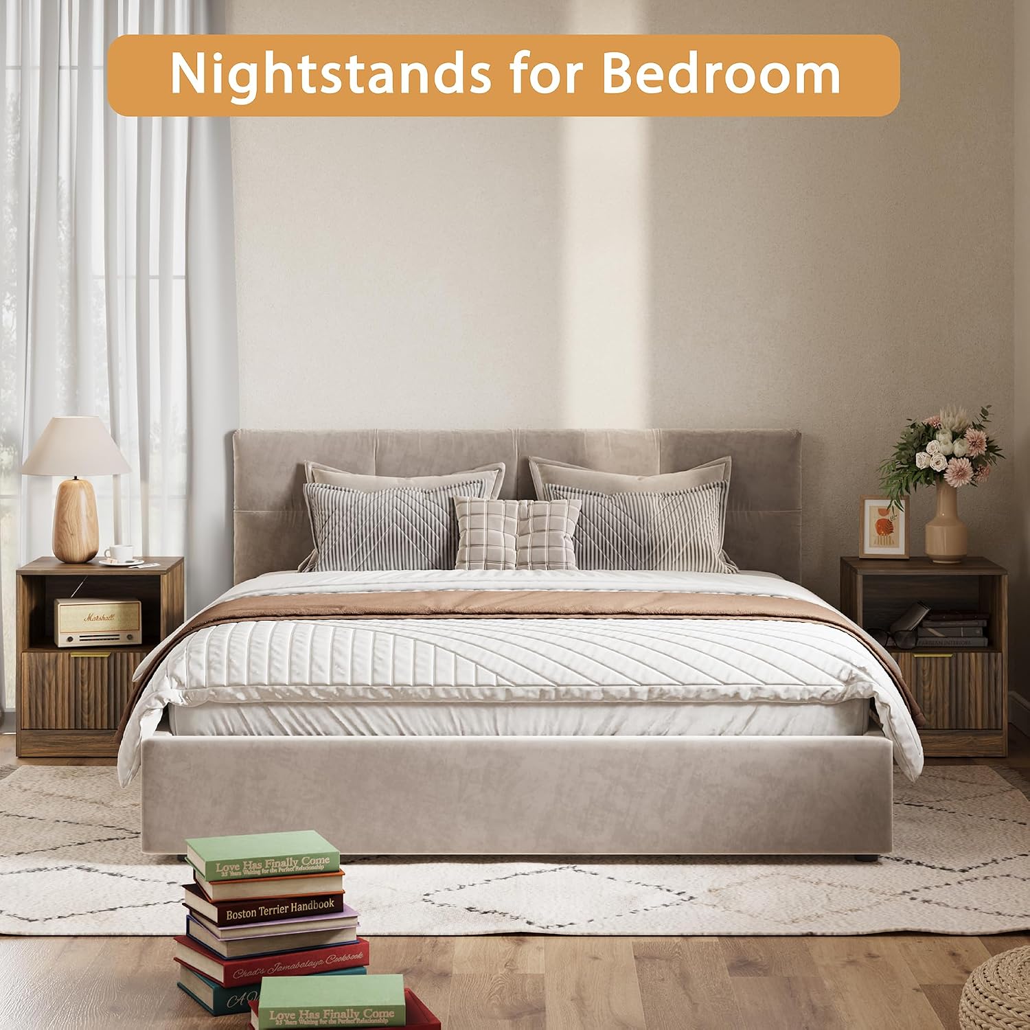 3-Piece Modern Bedroom Furniture Set, Wide 6-Drawer Dresser & 1-Drawer Nightstands Set of 2, Natural Wood Dresser and Nightstand Sets for Bedroom, Hallway, Walnut