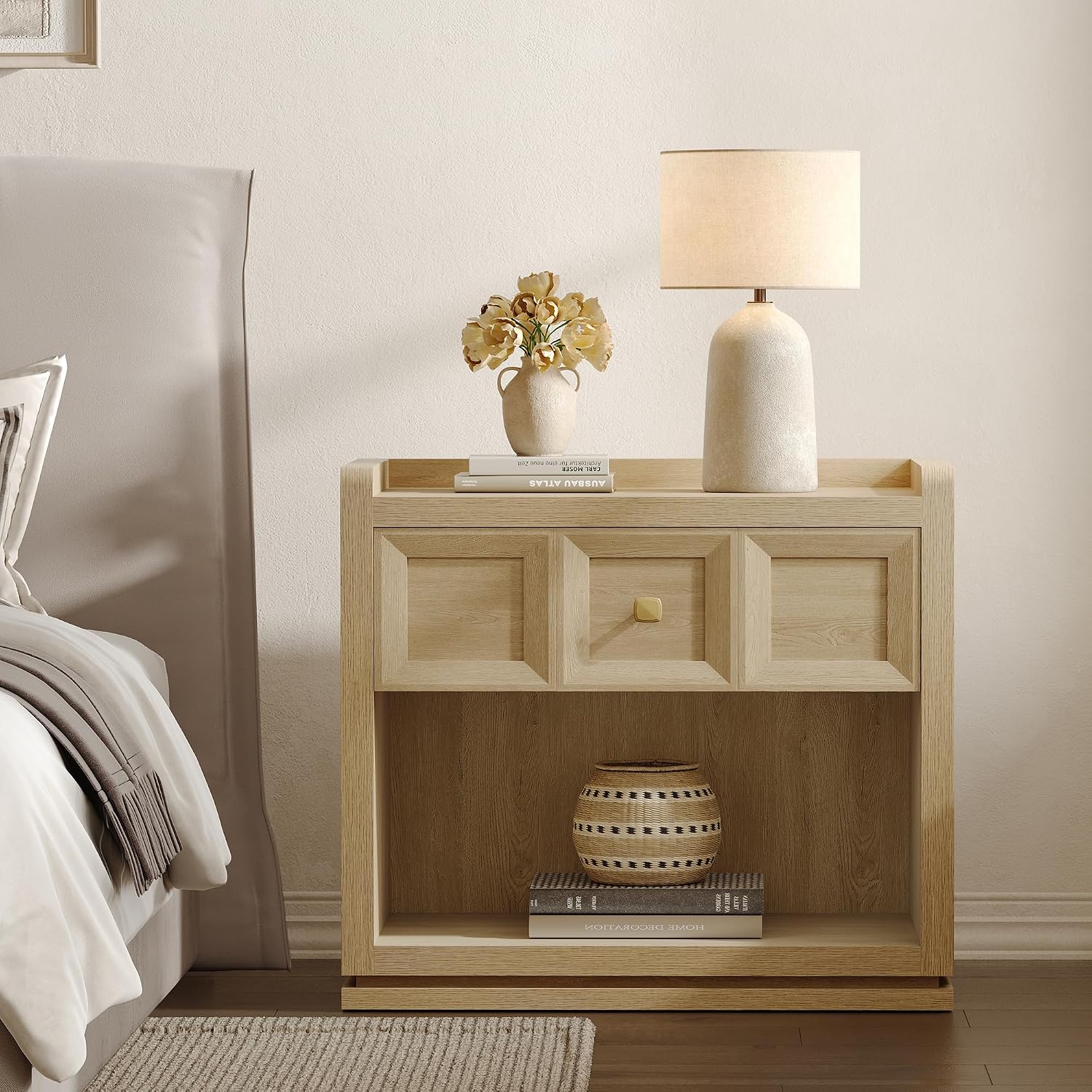 SICOTAS Night Stand Set 2, 26' Wide Nightstands with Drawer, Large Queen Size Nightstands Set of 2, Modern Bedside Table for Bedroom, Side End Table (Coastal Oak, 26 Inch)