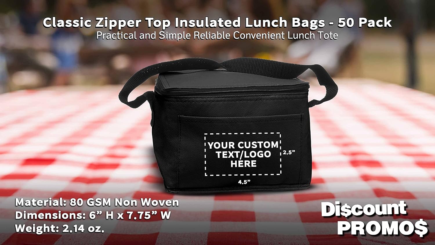 DISCOUNT PROMOS 50 Zipper Top Insulated Lunch Bags Set - Customizable Text, Logo - Non Woven, Vibrant, Black Strap - Black