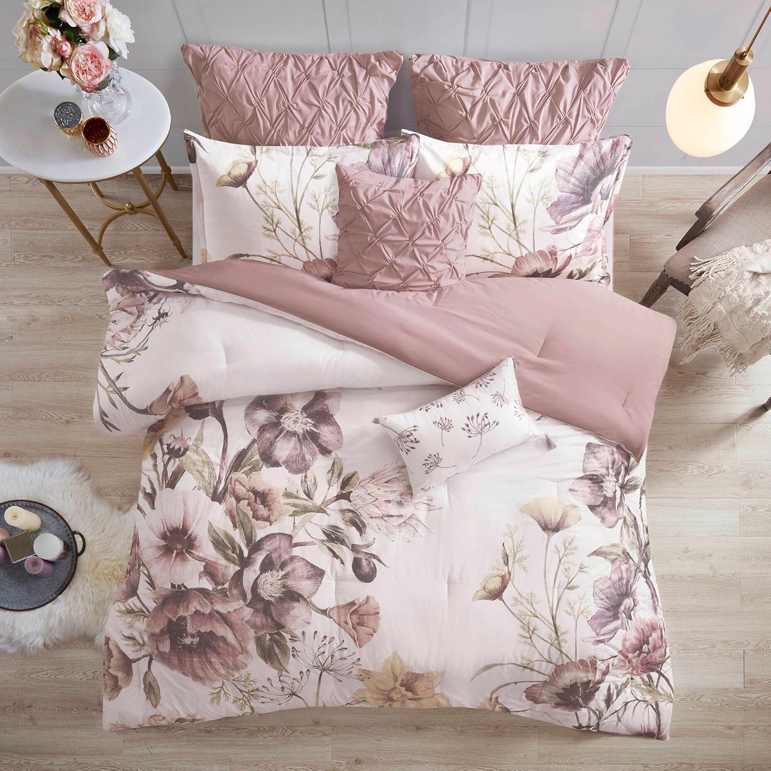 Madison Park Floral King Comforter Set, Cotton Rich Bedding Set Feminine Design Shabby Chic King Size Comforter Sets, All Season Bed Cover with Shams, Bed Skirt, Décor Pillow, Blush 8 Piece