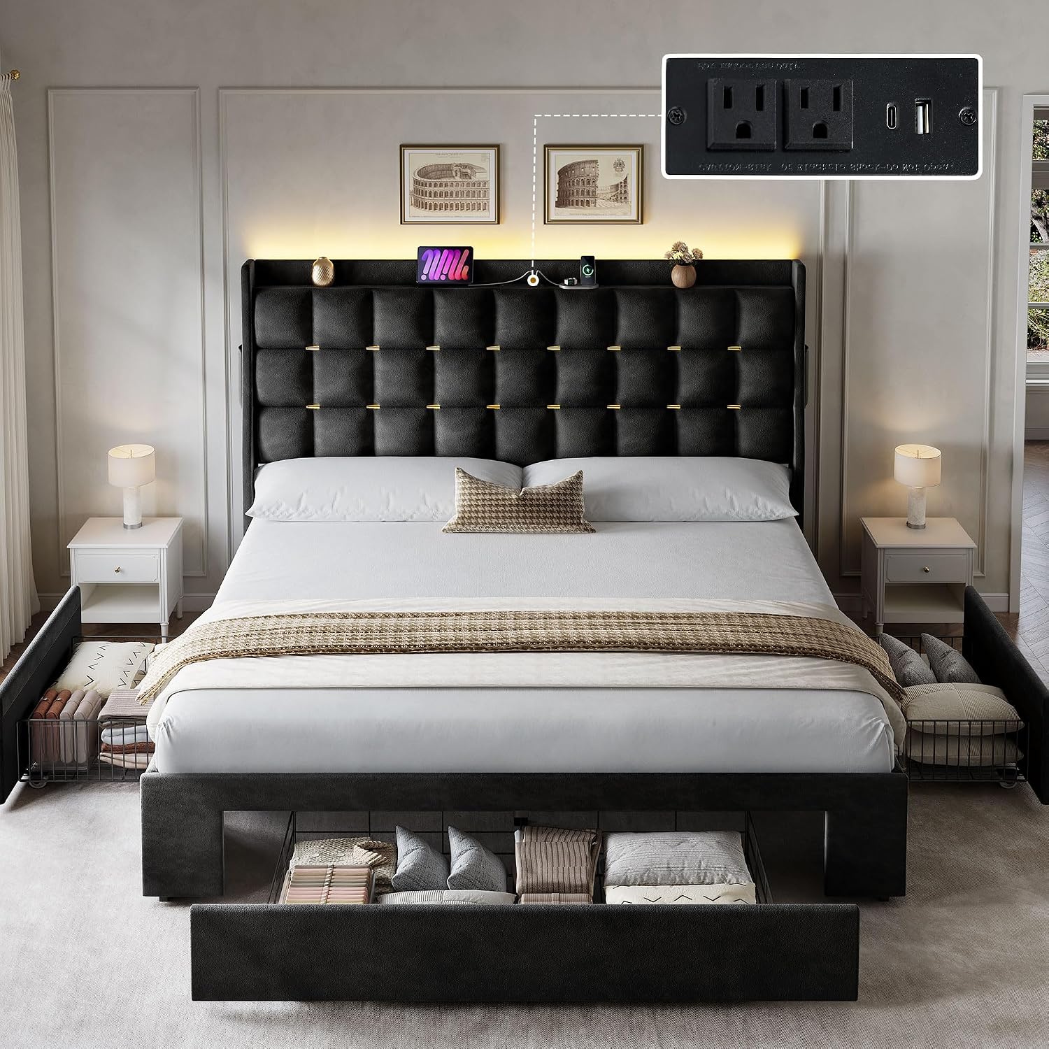 YITAHOME Queen Size Bed Frame with 3 Storage Drawers and RGB LED Lights, Velvet Upholstered Bed with Charging Station and Storage Headboard, No Box Spring Needed, Noise-Free, Cool Black