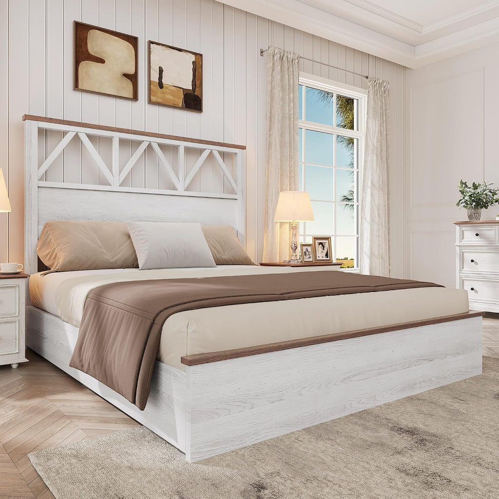 YITAHOME Farmhouse Full Size Bed Frame with 47.2'' Headboard, Platform Rustic Wood Bed Frame with Slats, Sturdy and Noiseless, No Spring Needed, White