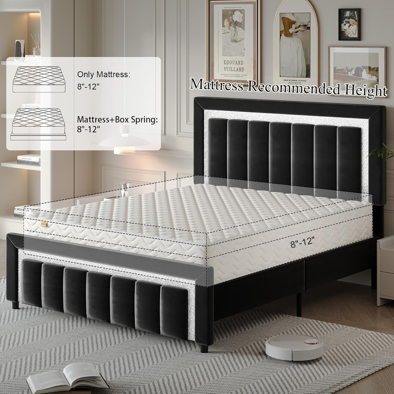 HOMBCK Queen Bed Frame with Headboard, Velvet Upholstered Platform Bed Frame Queen Size with Diamond Headboard & Footboard, Wooden Slats Support, No Box Spring Required, Easy Assembly, Black