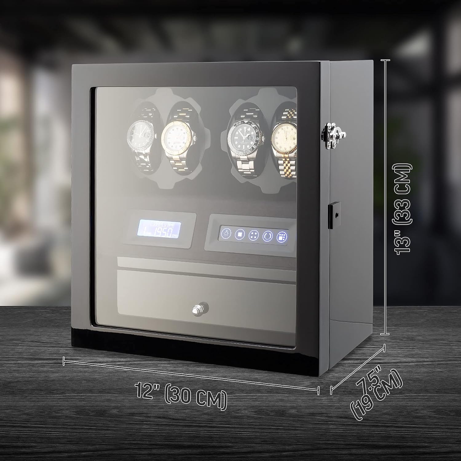 4 Watch Winder with 5 Watch Storage Space, LCD Display, Touch Control and Interior Light