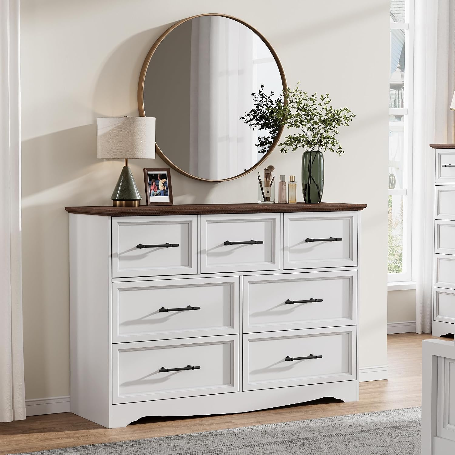 Bedroom Set, 3 Pieces Bedroom Furniture Set, Wood 7 Drawer Dresser and Nightstands with Charging Station, Farmhouse Storage Organizer Cabinet for Bedroom, White
